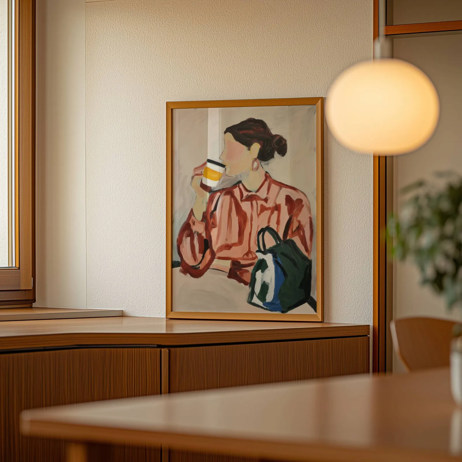 woman drinking coffee modern portrait wall art, leaning on a wooden sideboard beside a glowing globe pendant