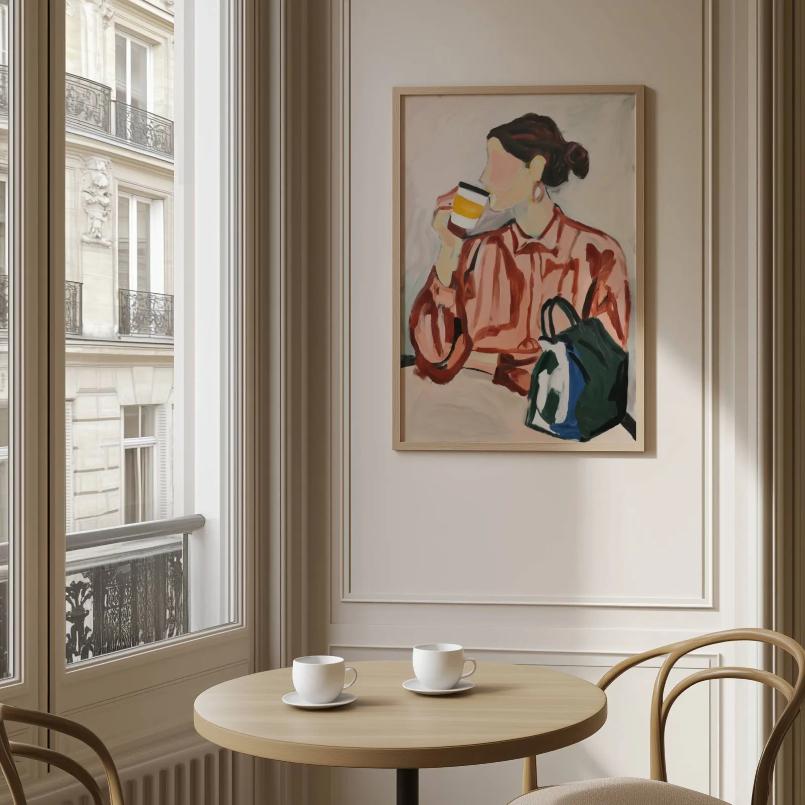 woman drinking coffee modern portrait wall art, above a round café table set with two coffee cups