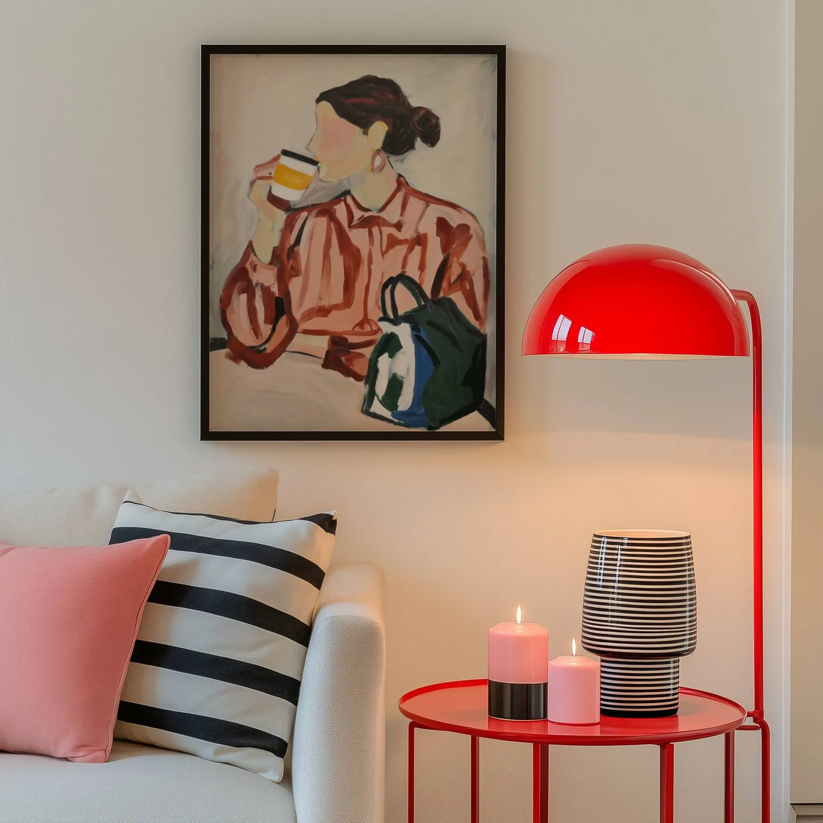 woman drinking coffee modern portrait wall art, above a cream sofa beside a glossy red dome lamp