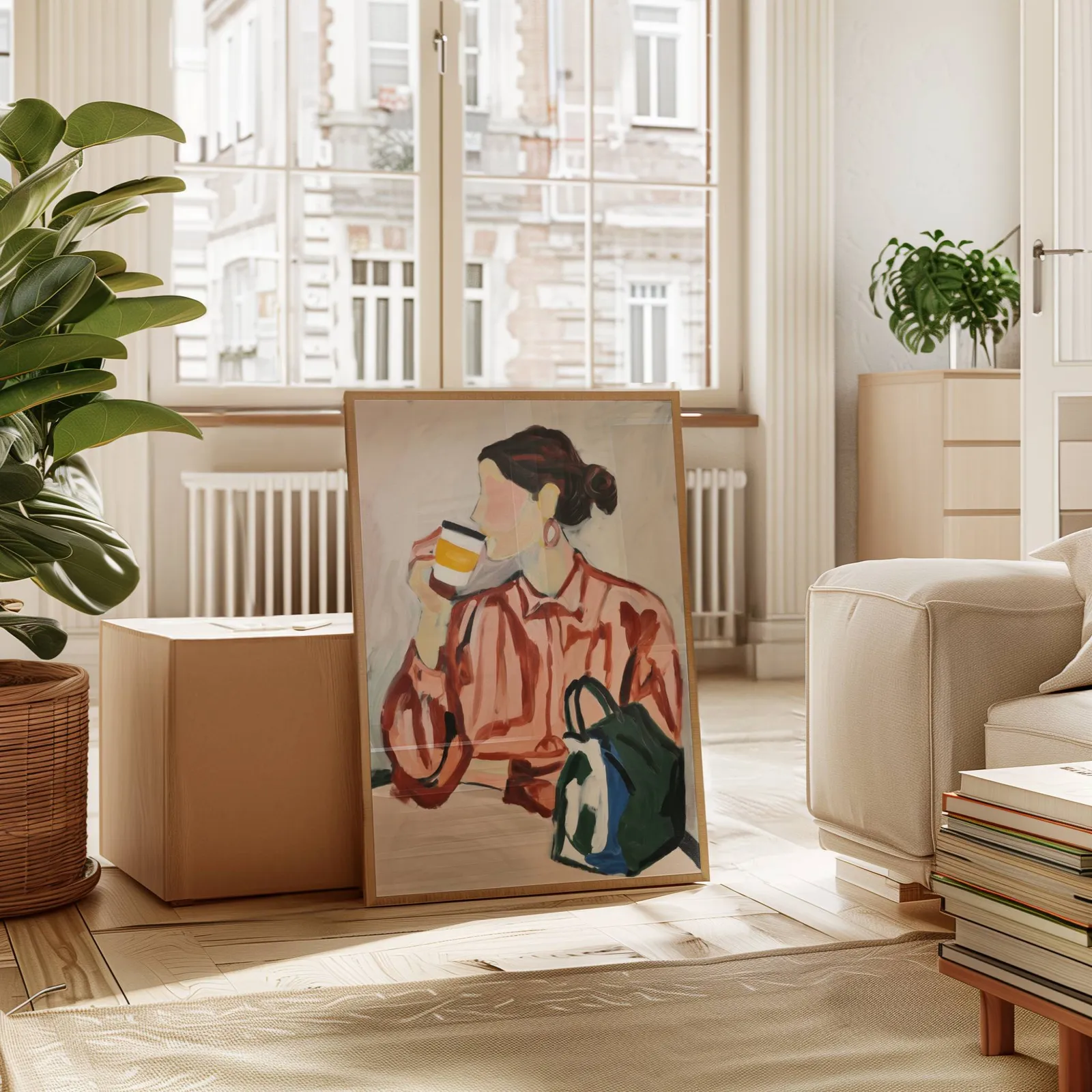 woman drinking coffee modern portrait wall art, leaning against a cardboard box near a tall window radiator