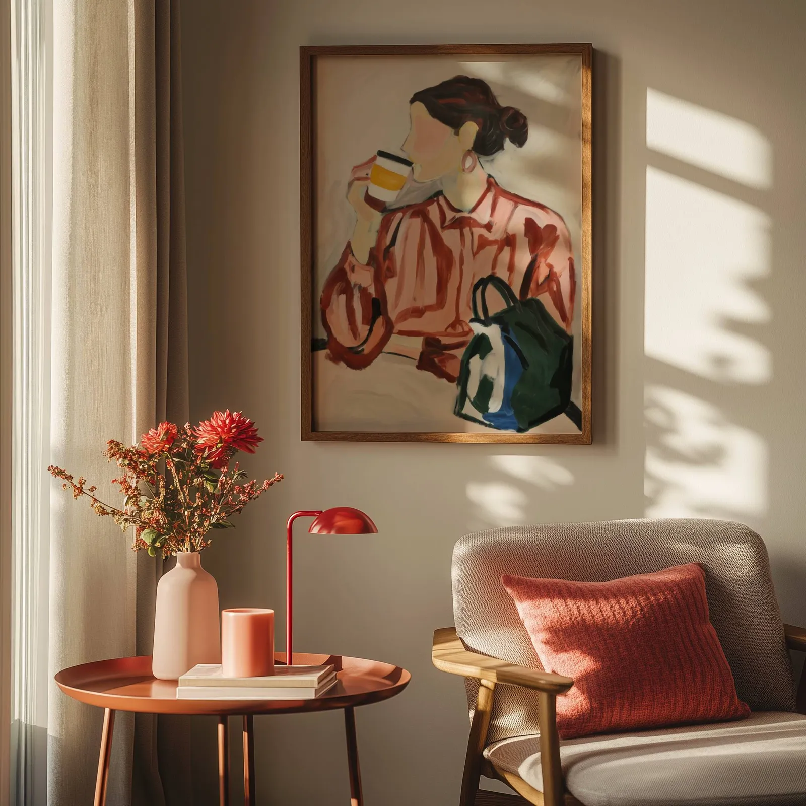 woman drinking coffee modern portrait wall art, above a round side table with a red lamp and dahlias