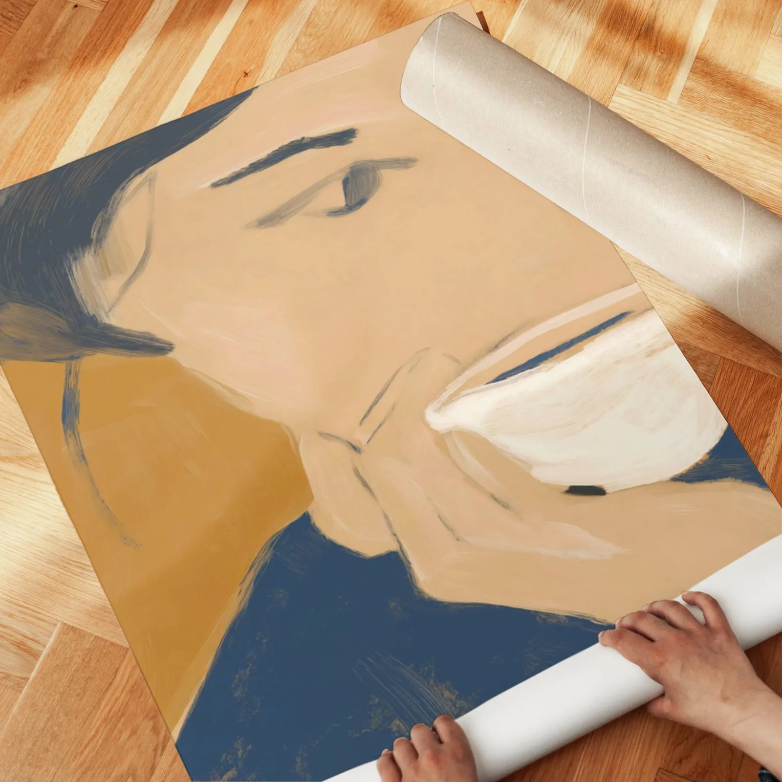 abstract portrait wall art with teacup in blue and orange, unrolled across a herringbone parquet floor by hand