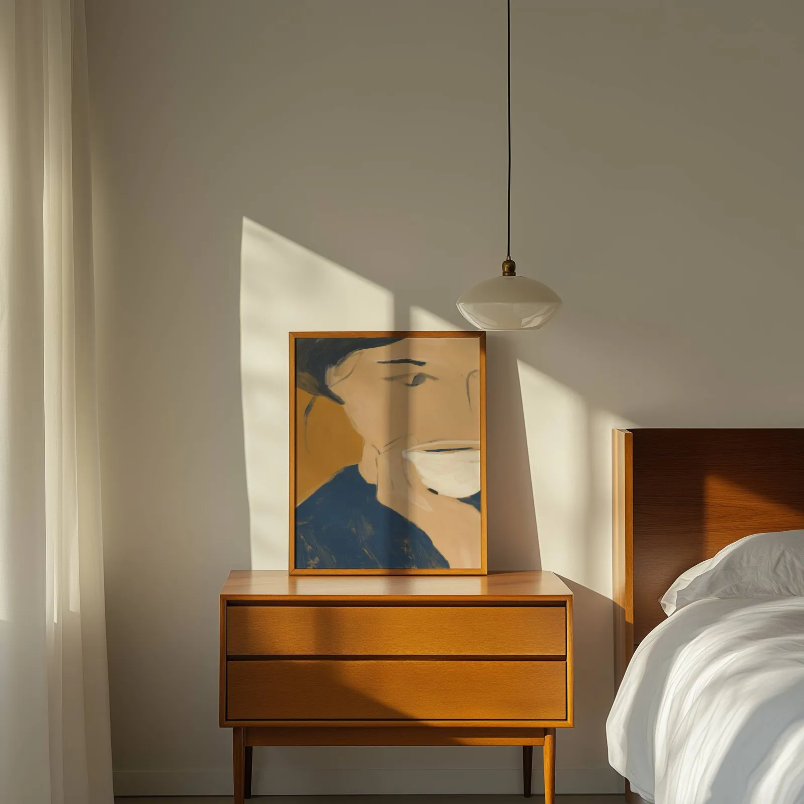 abstract portrait wall art with teacup in blue and orange, propped on a wooden dresser beside a pendant lamp