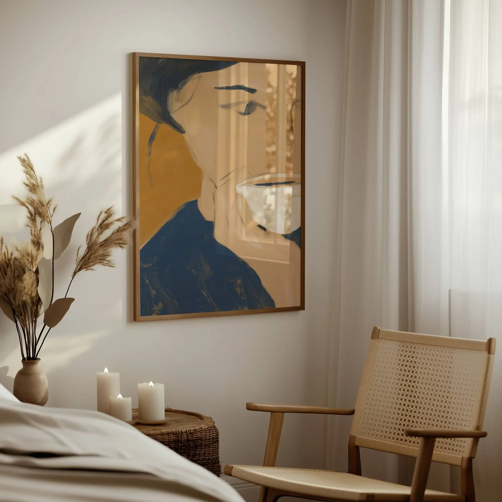 abstract portrait wall art with teacup in blue and orange, above a woven side table with lit candles and pampas grass