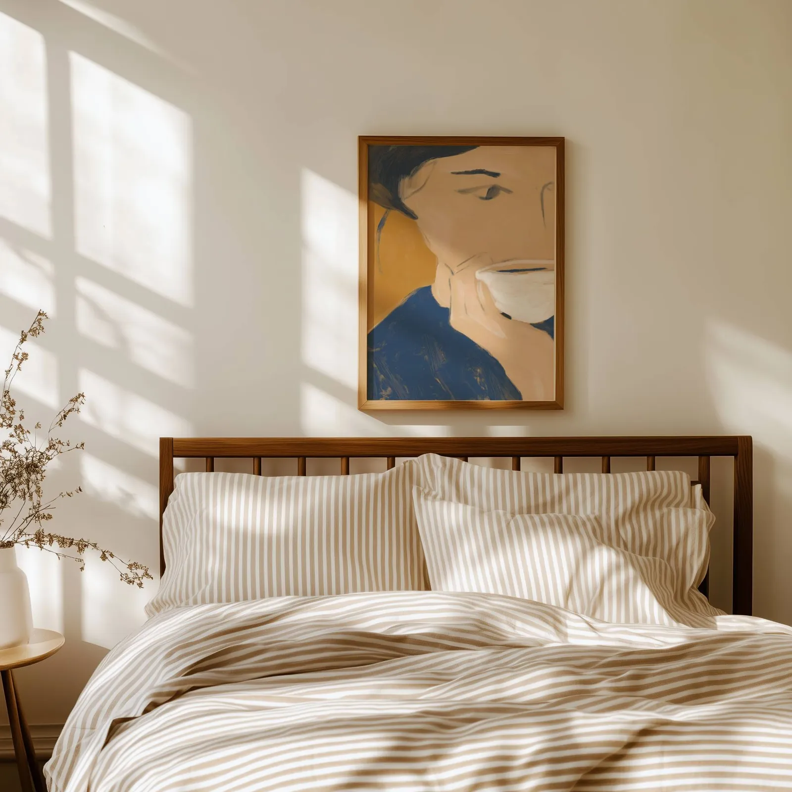 abstract portrait wall art with teacup in blue and orange, above a spindle headboard with striped linen bedding