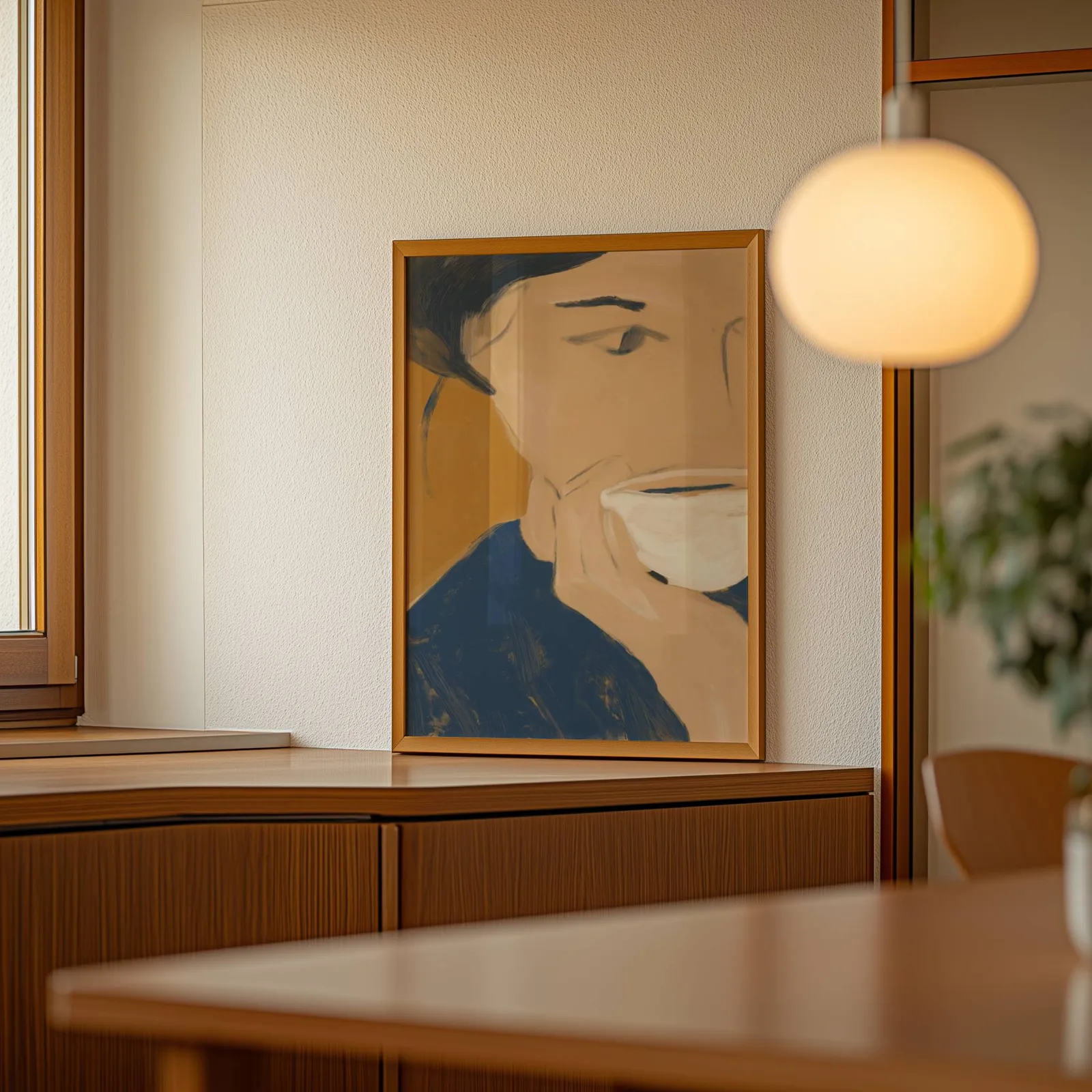 abstract portrait wall art with teacup in blue and orange, leaning on a wooden sideboard beside a glowing globe pendant