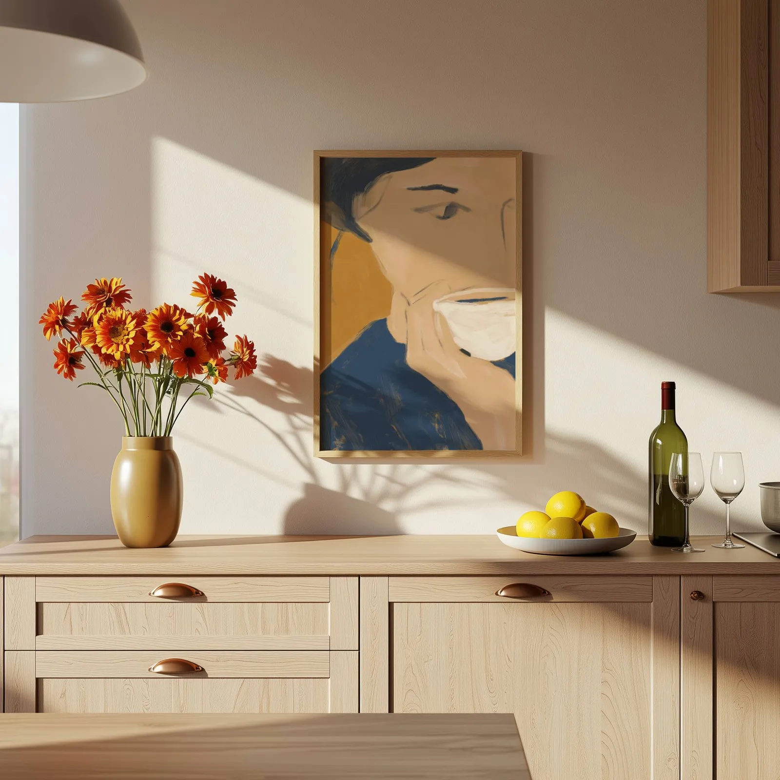 abstract portrait wall art with teacup in blue and orange, above a wooden counter with a bowl of lemons