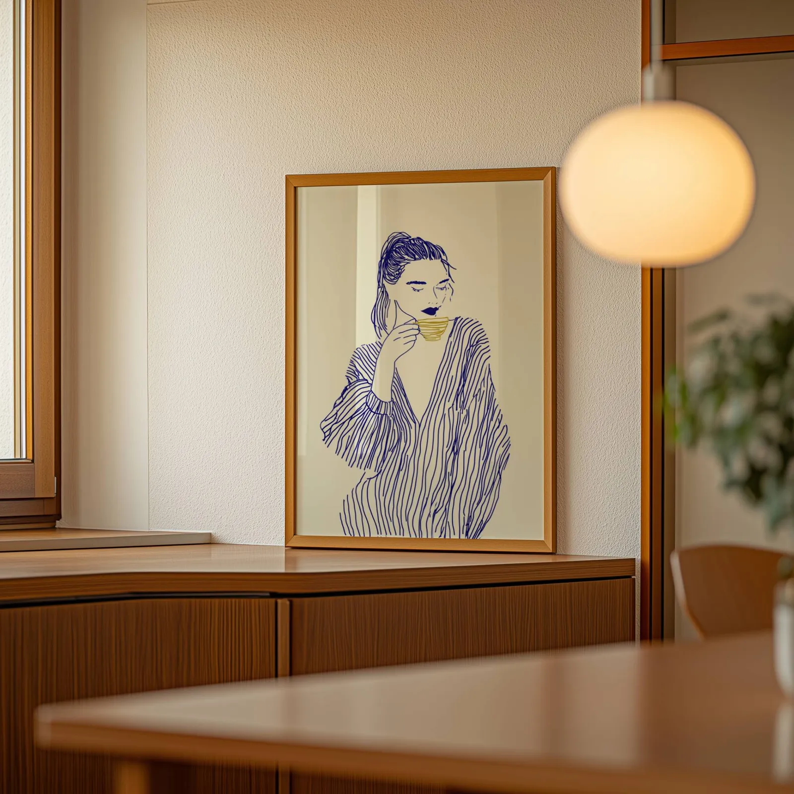 blue line art woman drinking coffee minimalist print, leaning on a wooden sideboard beside a glowing globe pendant