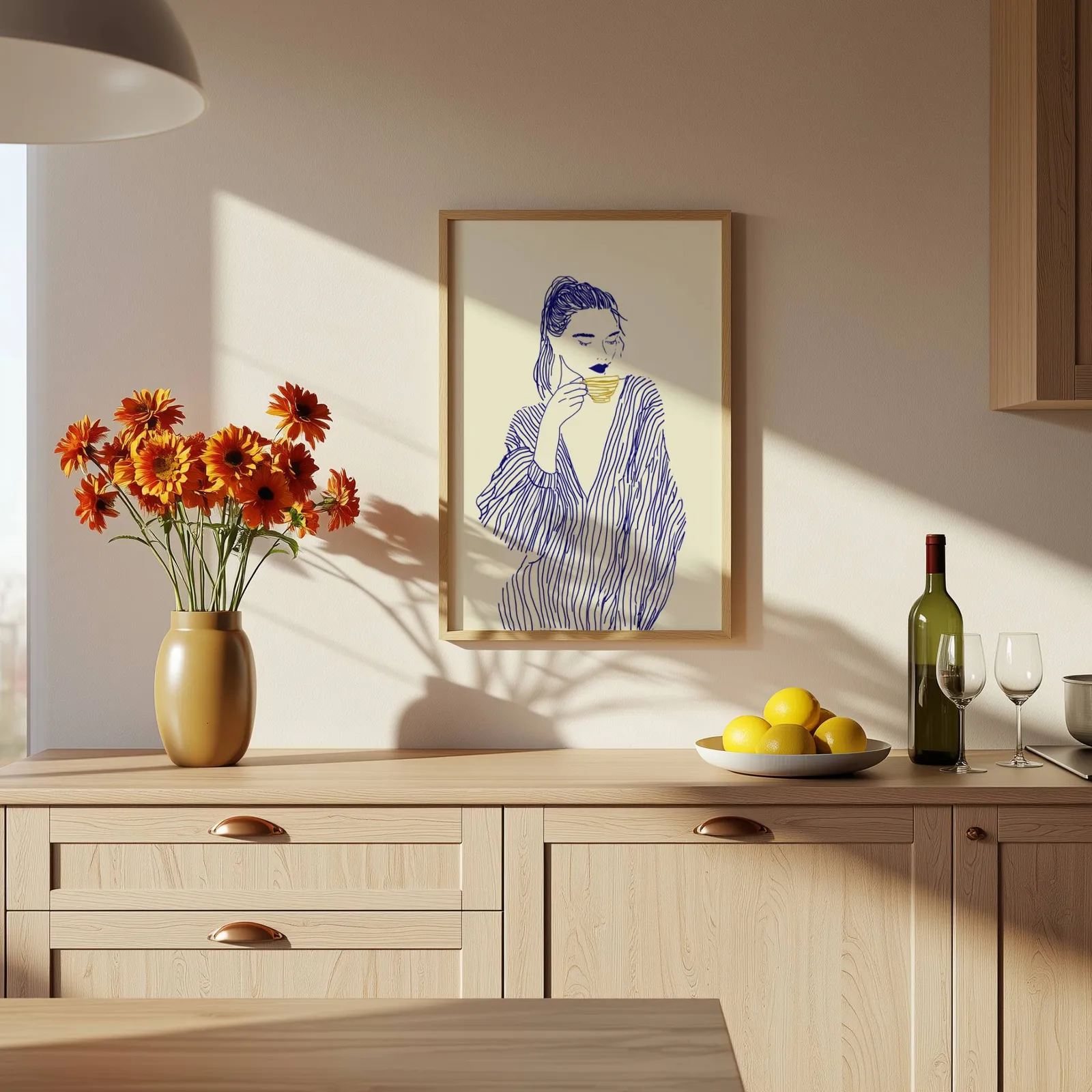 blue line art woman drinking coffee minimalist print, above a wooden counter with a bowl of lemons