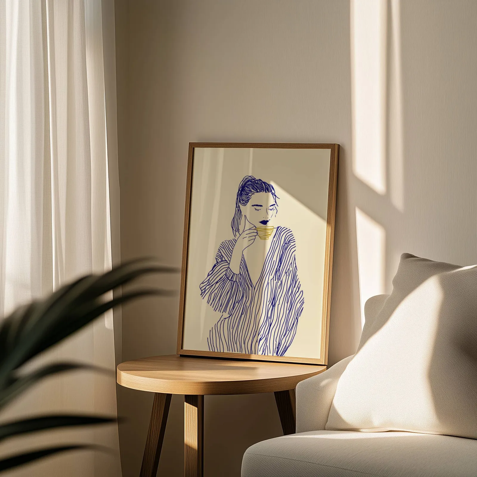 blue line art woman drinking coffee minimalist print, leaning on a round wooden side table by a sheer curtain