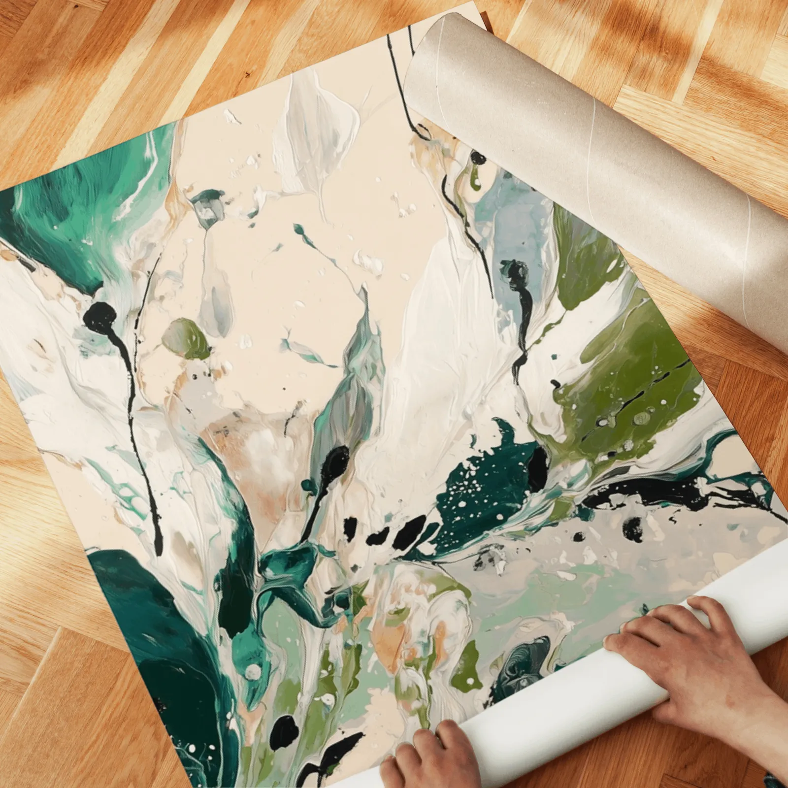 green abstract triptych wall art, unrolled across a herringbone wood floor by hand