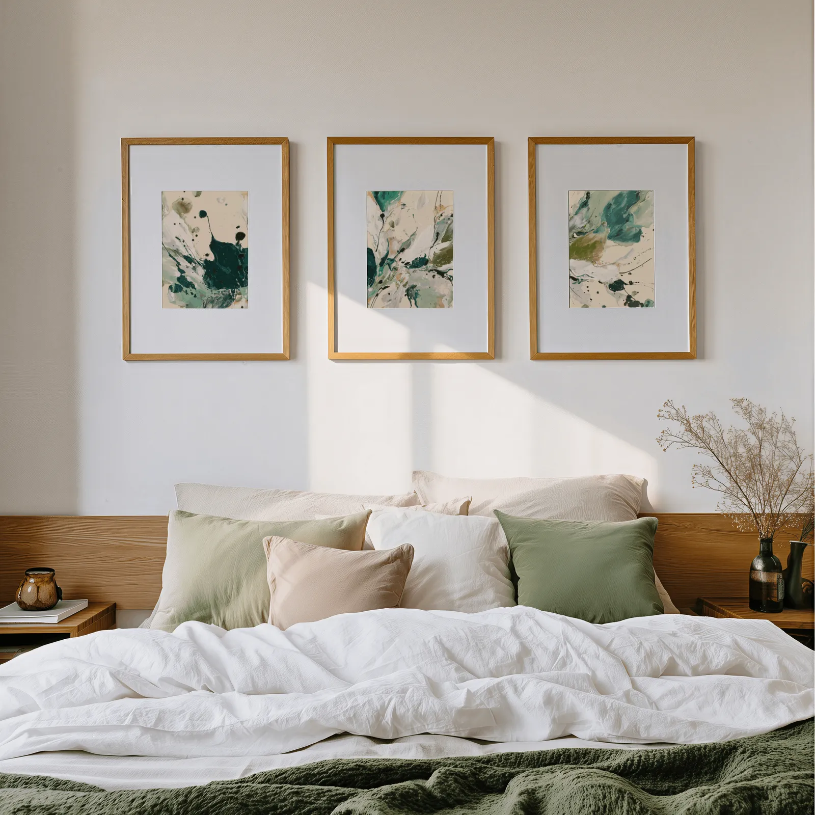 green abstract triptych wall art, above a wooden headboard scattered with sage and blush pillows