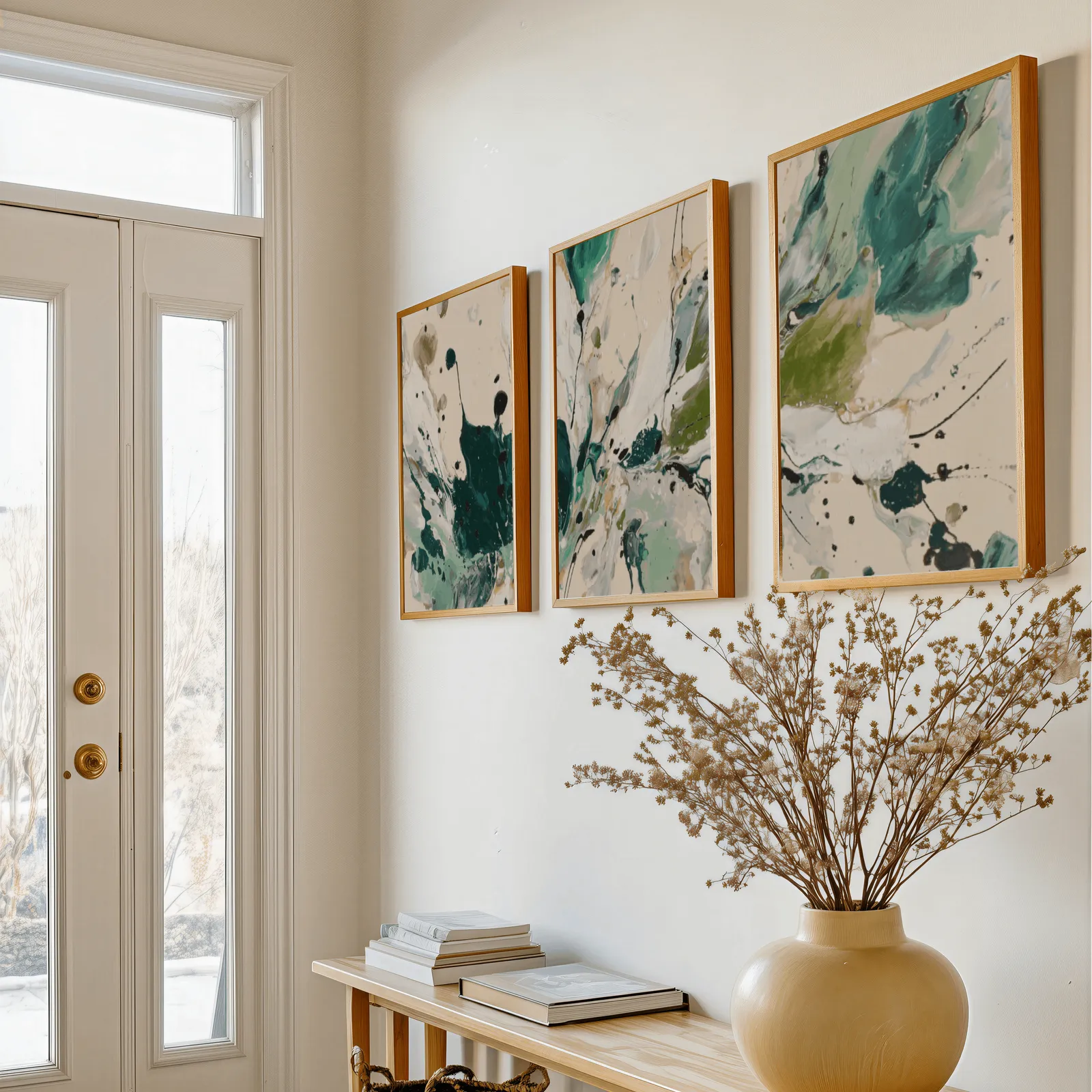 green abstract triptych wall art, above a console table with a yellow vase of dried branches