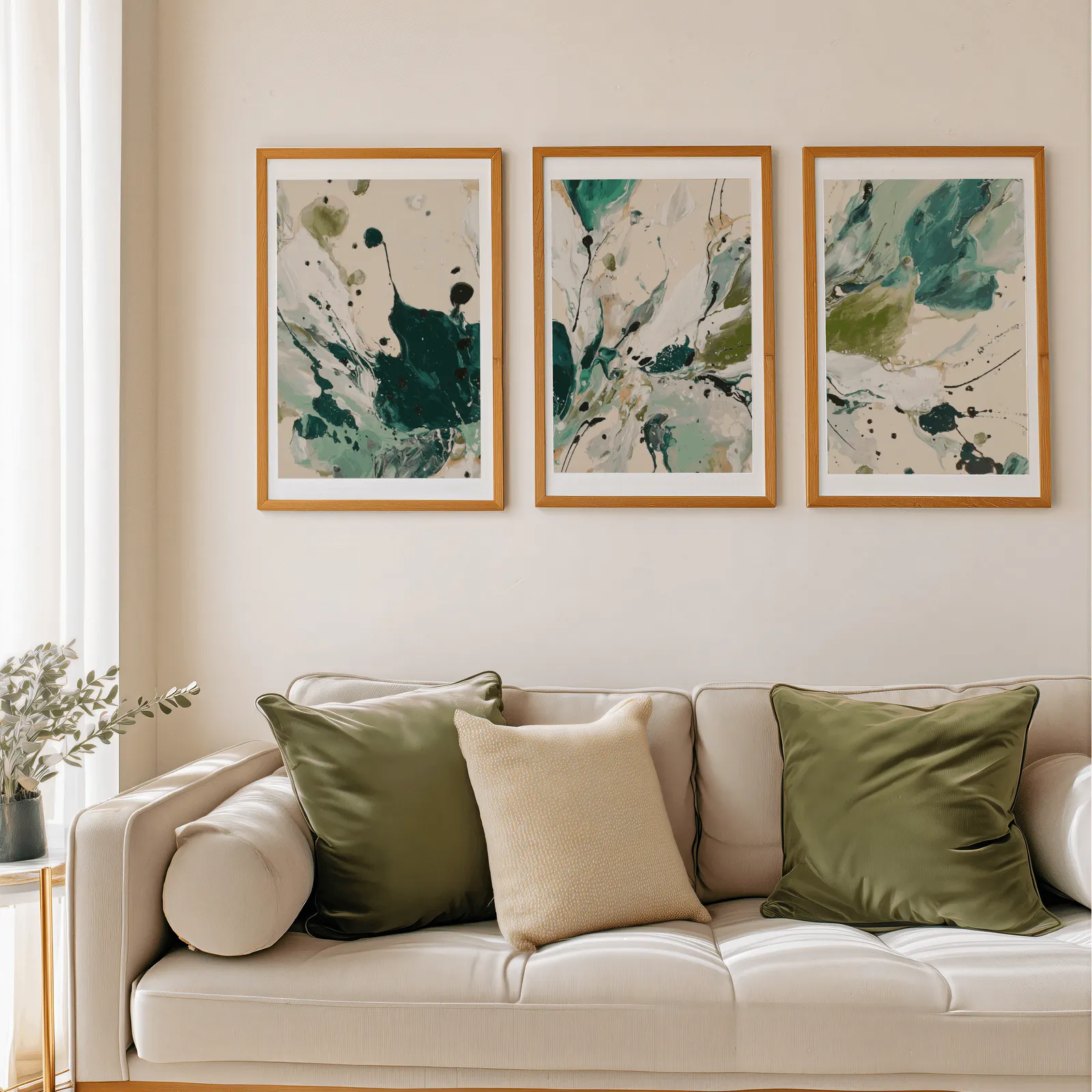 green abstract triptych wall art, above a beige sofa piled with olive green cushions