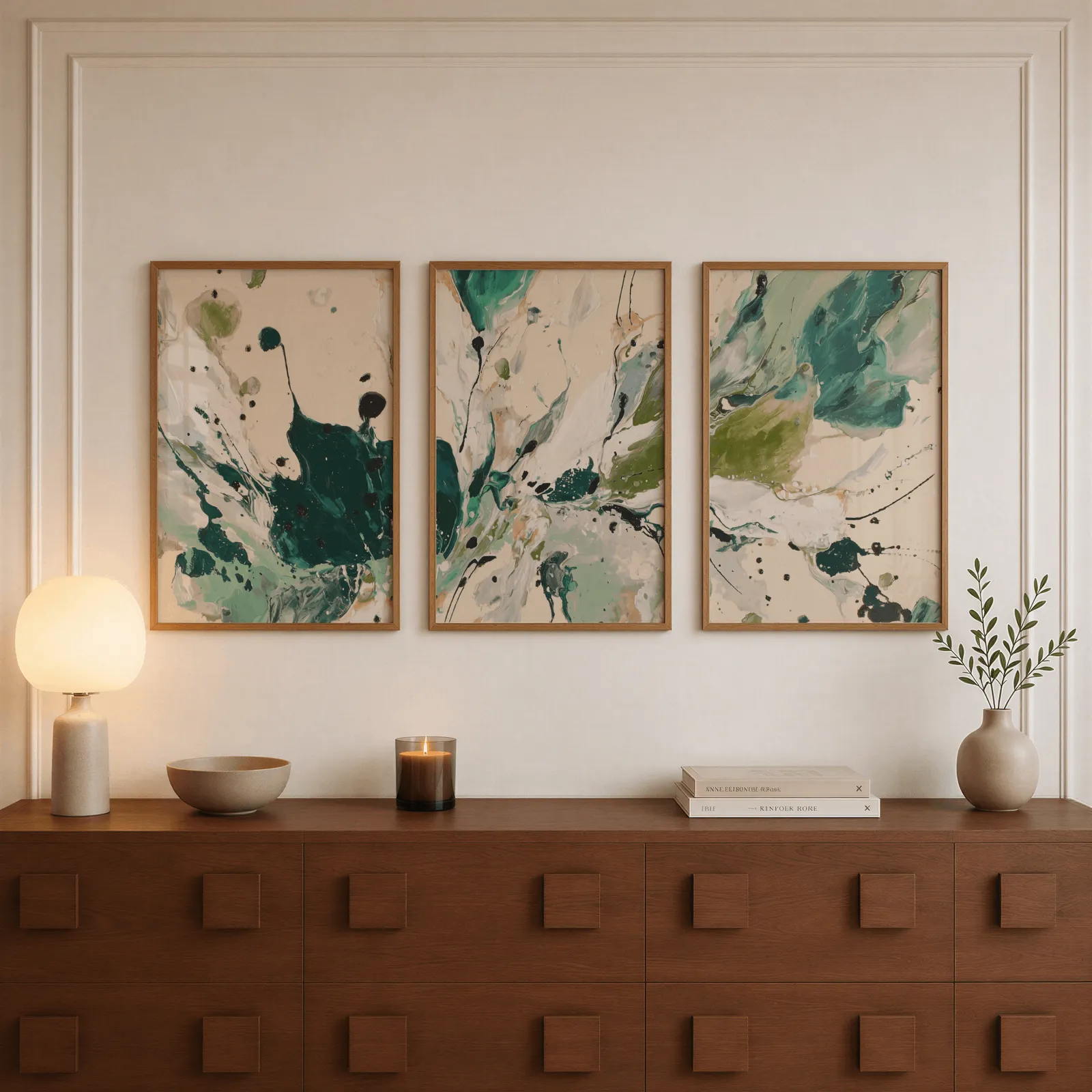 green abstract triptych wall art, above a walnut sideboard with a lit candle and glowing lamp