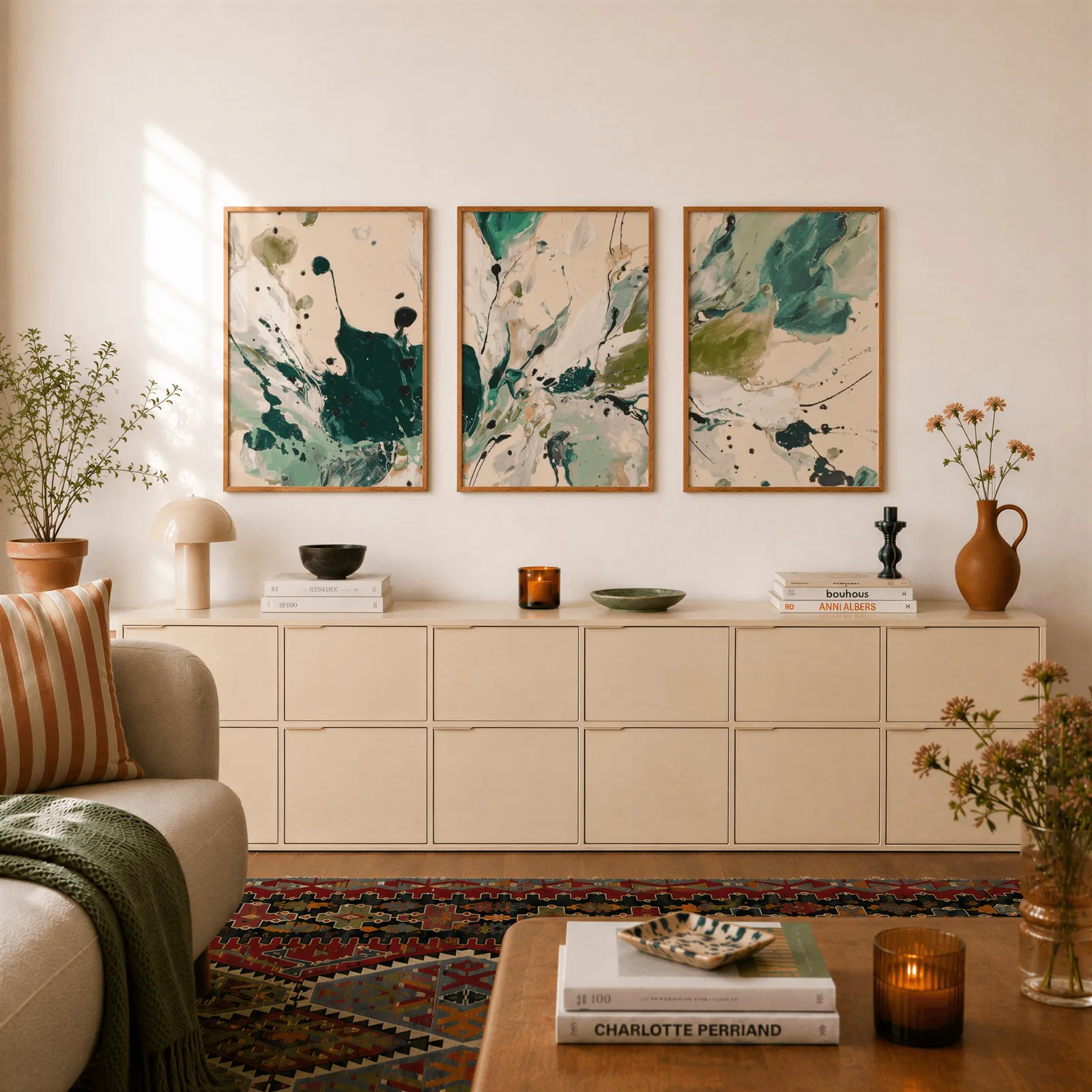 green abstract triptych wall art, above a long cream sideboard topped with books and a terracotta jug