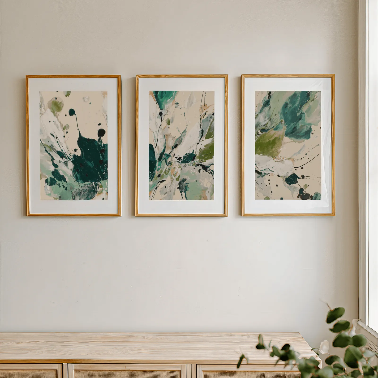 green abstract triptych wall art, in a row above a light wooden sideboard near a window