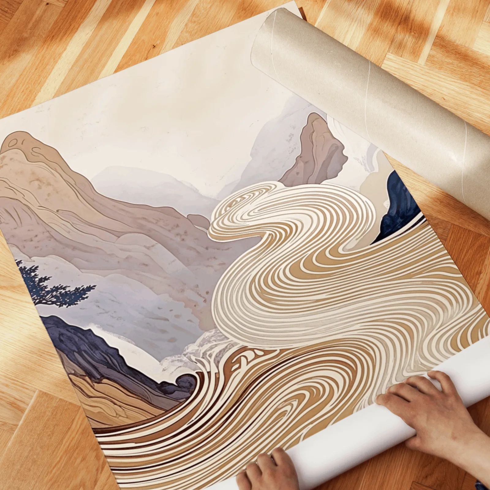 japandi mountain landscape triptych wall art, unrolled across a herringbone wood floor by hand
