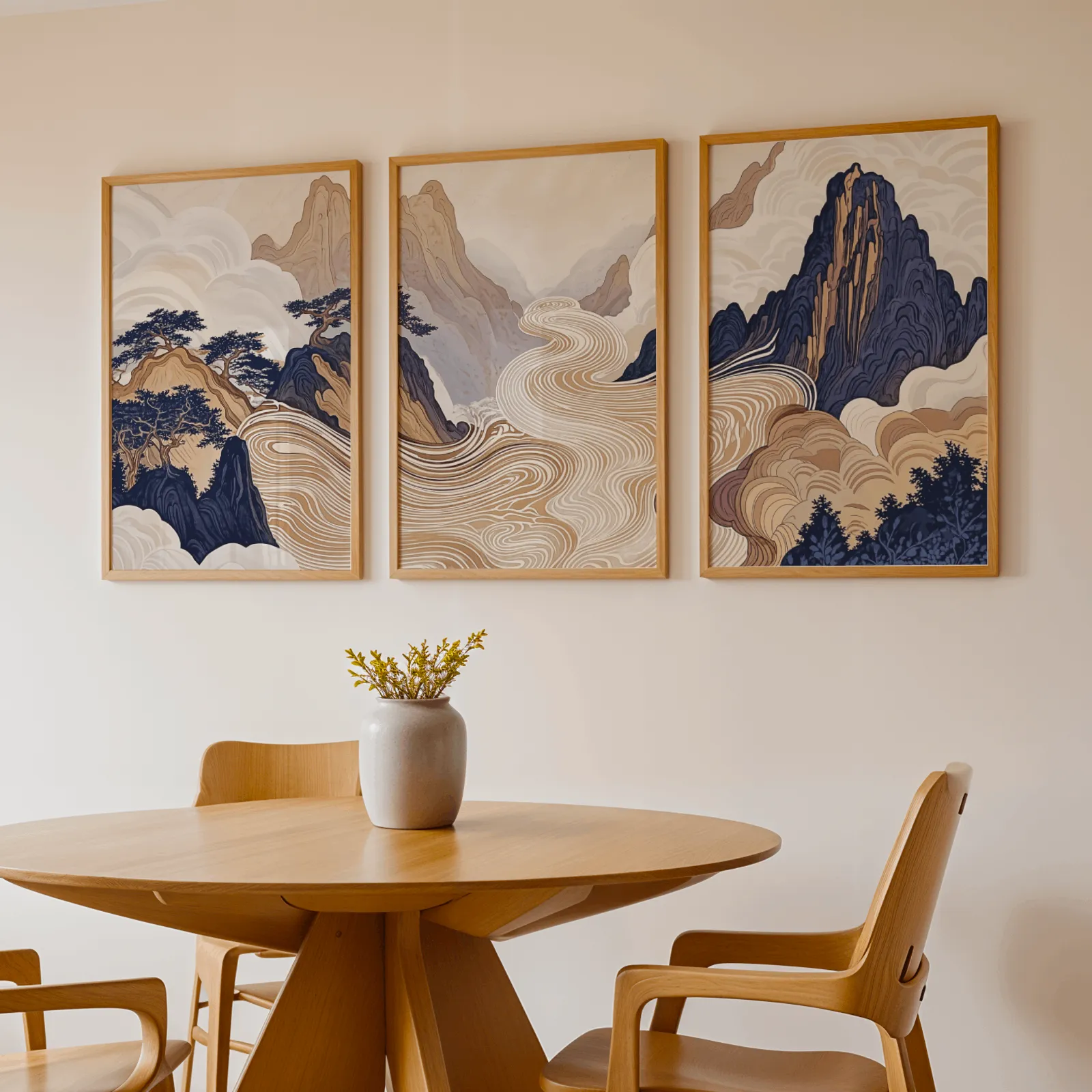 japandi mountain landscape triptych wall art, above a round wooden table with a stoneware vase