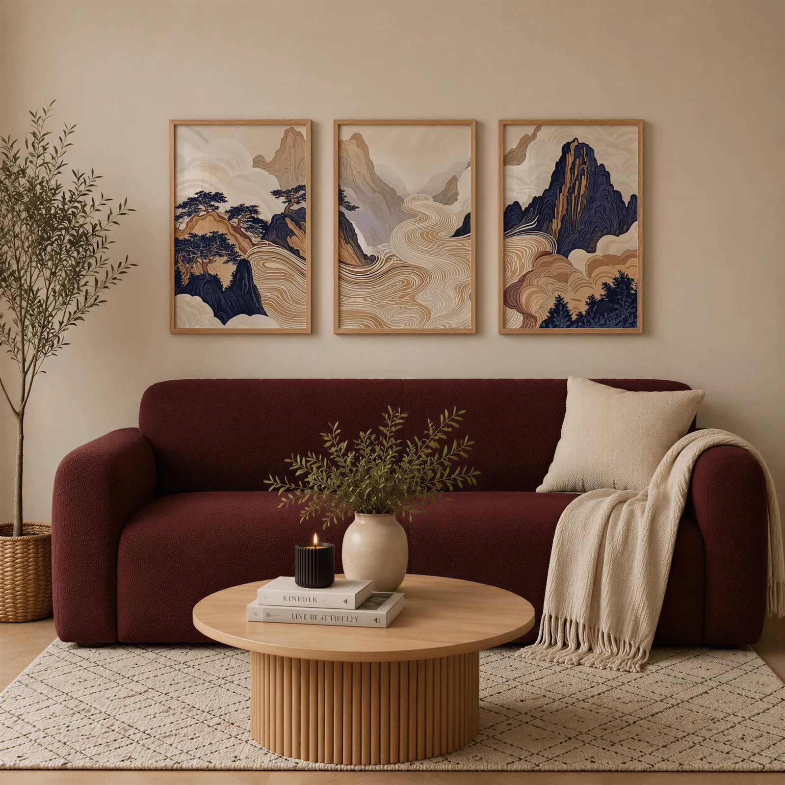 japandi mountain landscape triptych wall art, above a burgundy boucle sofa with a cream throw