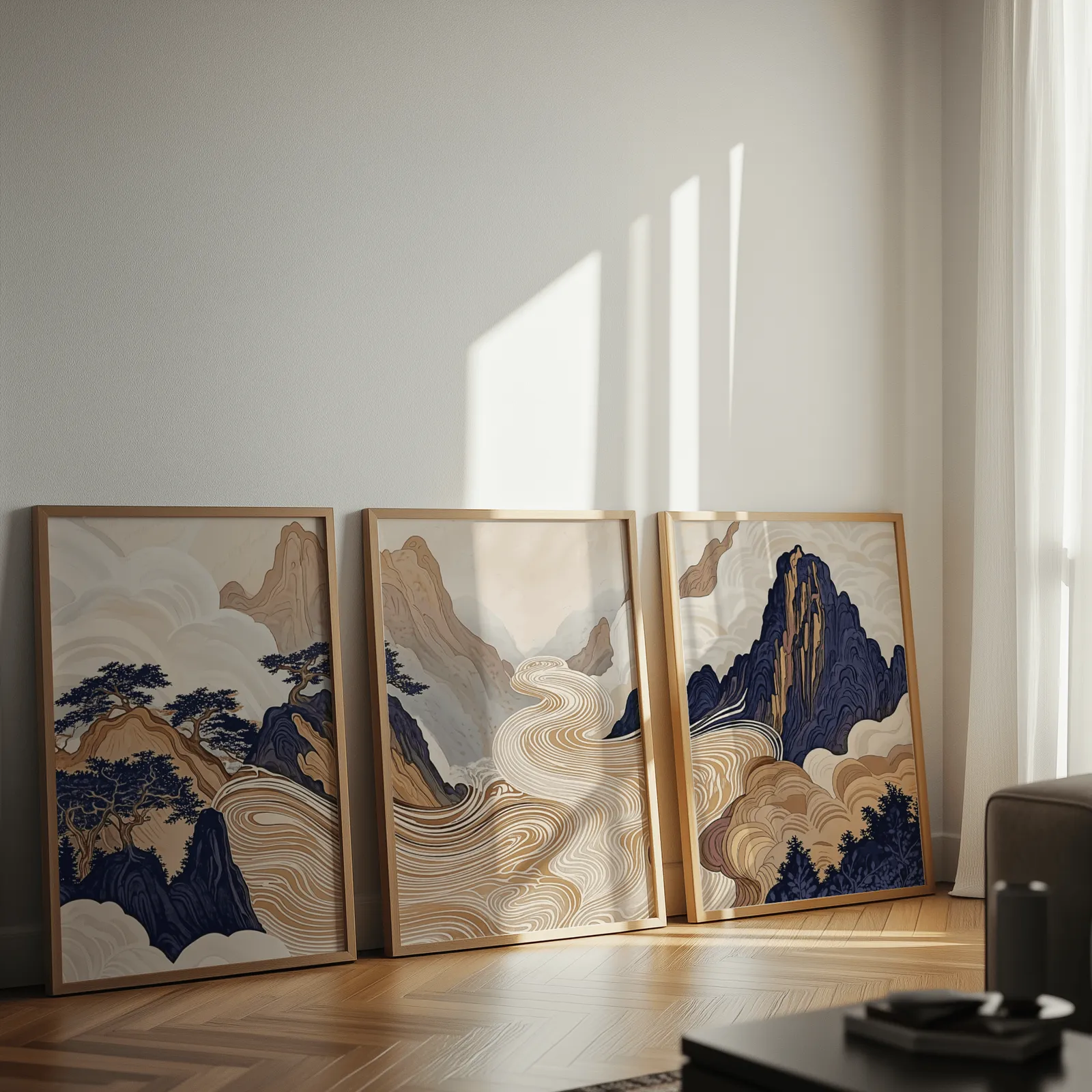 japandi mountain landscape triptych wall art, leaning against a sunlit wall on herringbone flooring