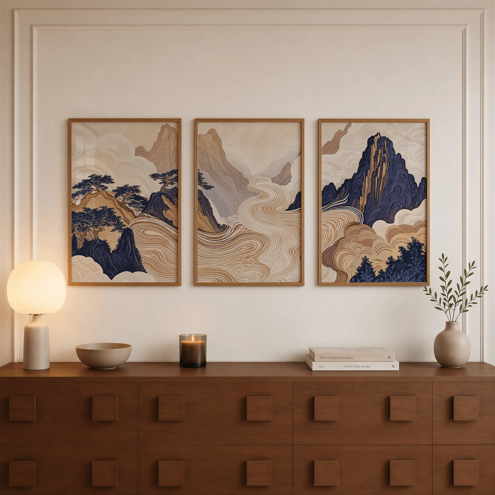 japandi mountain landscape triptych wall art, above a walnut sideboard with a lit candle and glowing lamp