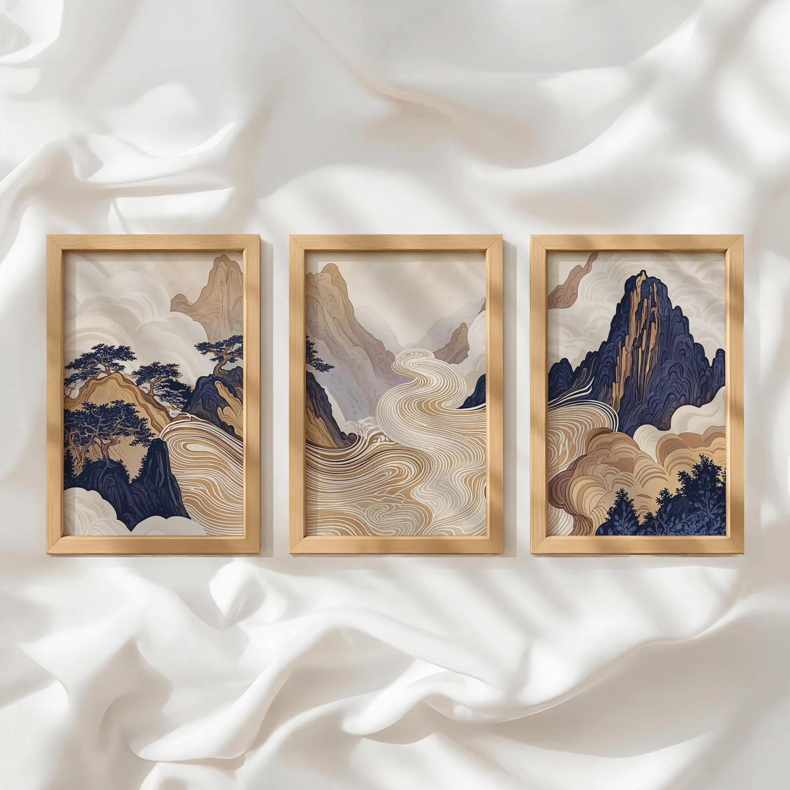 japandi mountain landscape triptych wall art, in a row atop rumpled white silky fabric