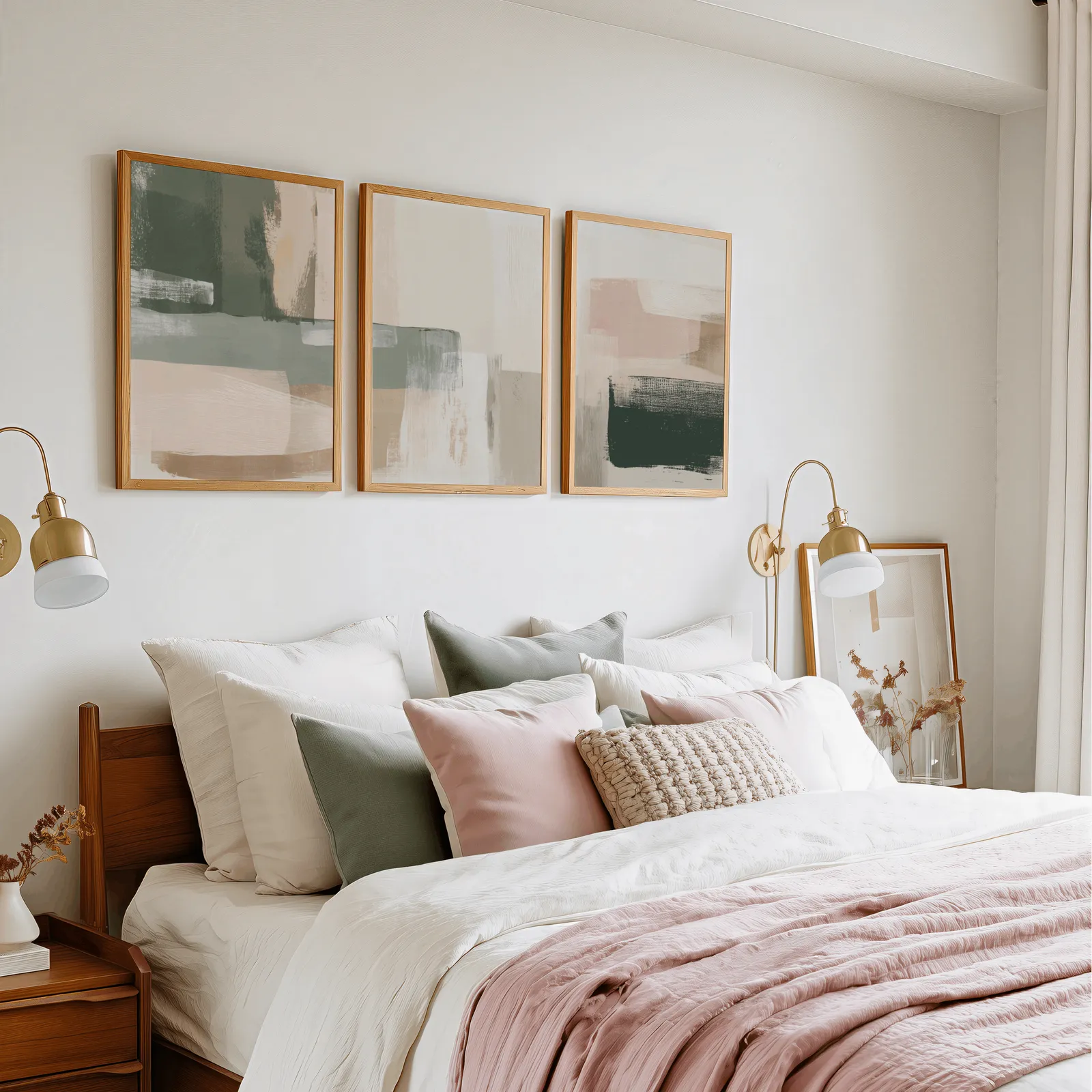 neutral abstract triptych wall art in green and terracotta, in a row above a pink and cream bed with brass sconces
