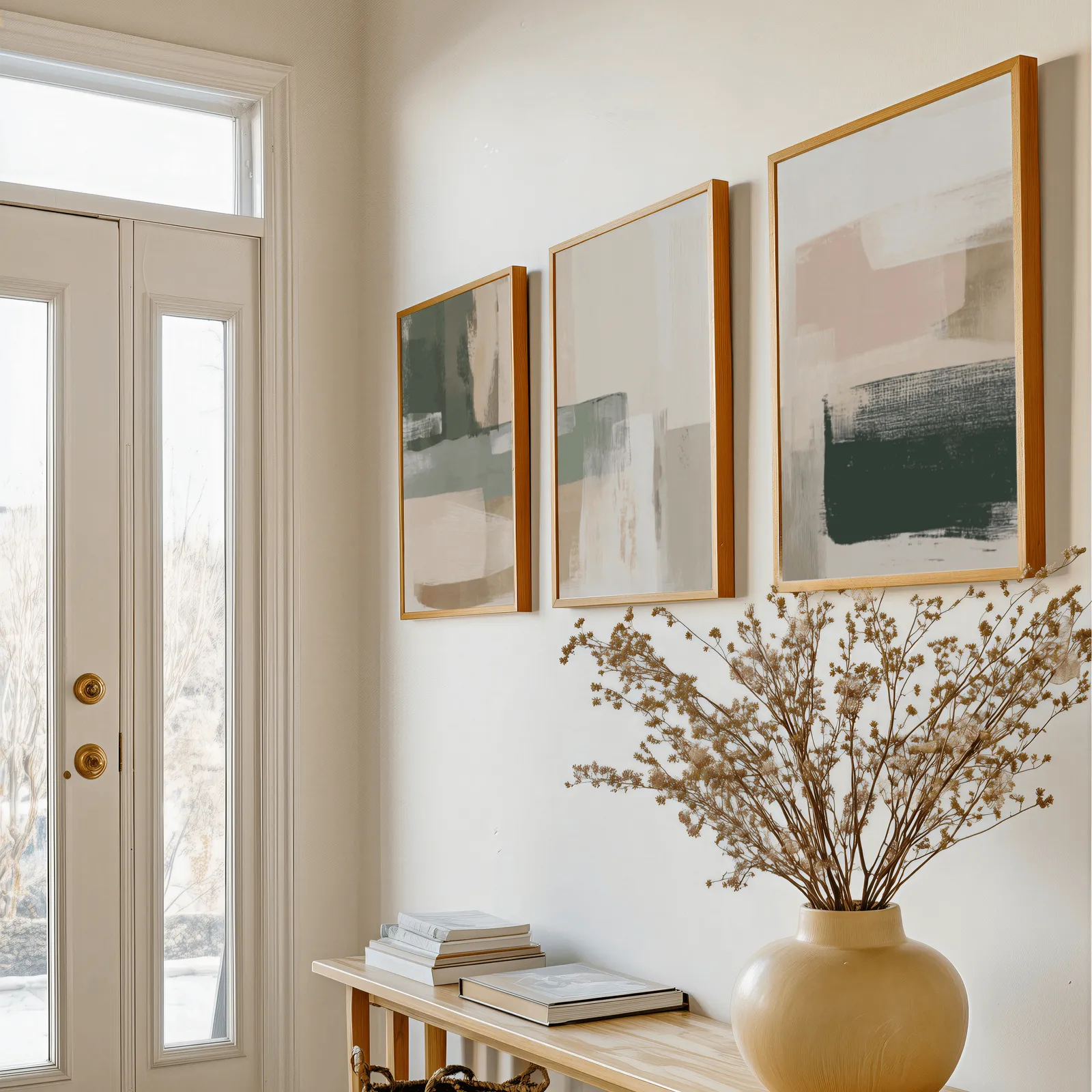 neutral abstract triptych wall art in green and terracotta, above a console table with a yellow vase of dried branches