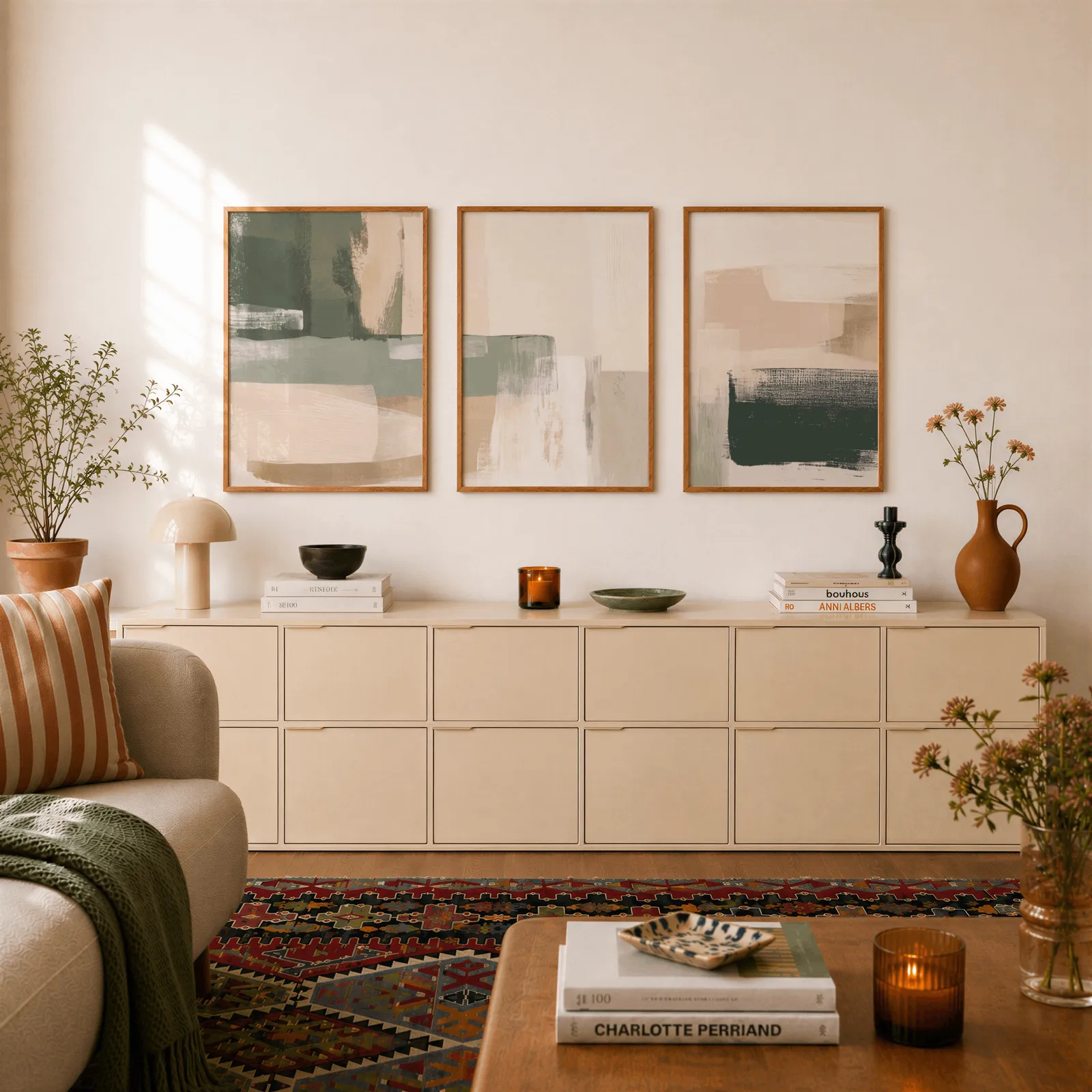 neutral abstract triptych wall art in green and terracotta, above a long cream sideboard topped with books and a terracotta jug