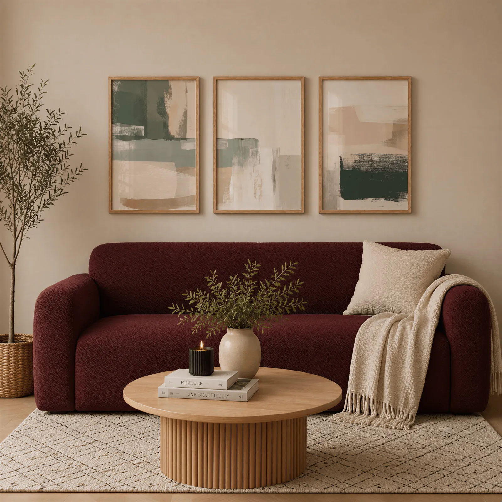 neutral abstract triptych wall art in green and terracotta, above a burgundy boucle sofa with a cream throw