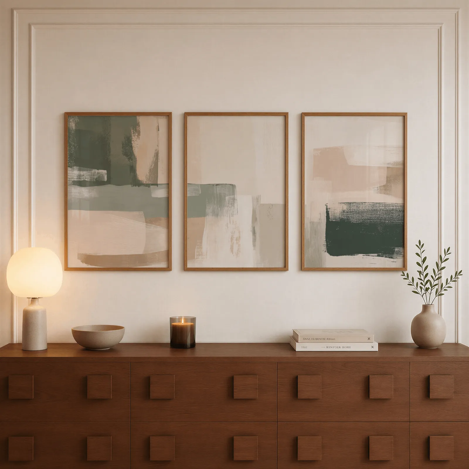 neutral abstract triptych wall art in green and terracotta, above a walnut sideboard with a lit candle and glowing lamp