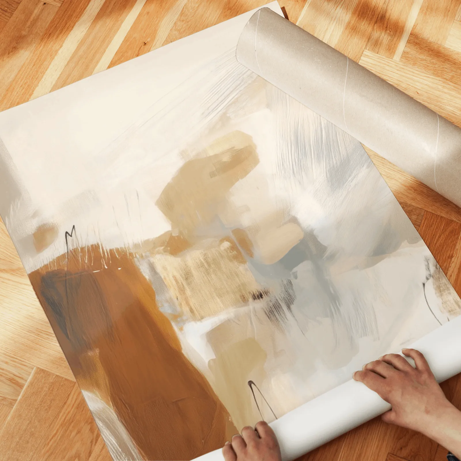 neutral abstract triptych wall art in terracotta and beige, unrolled across a herringbone wood floor by hand