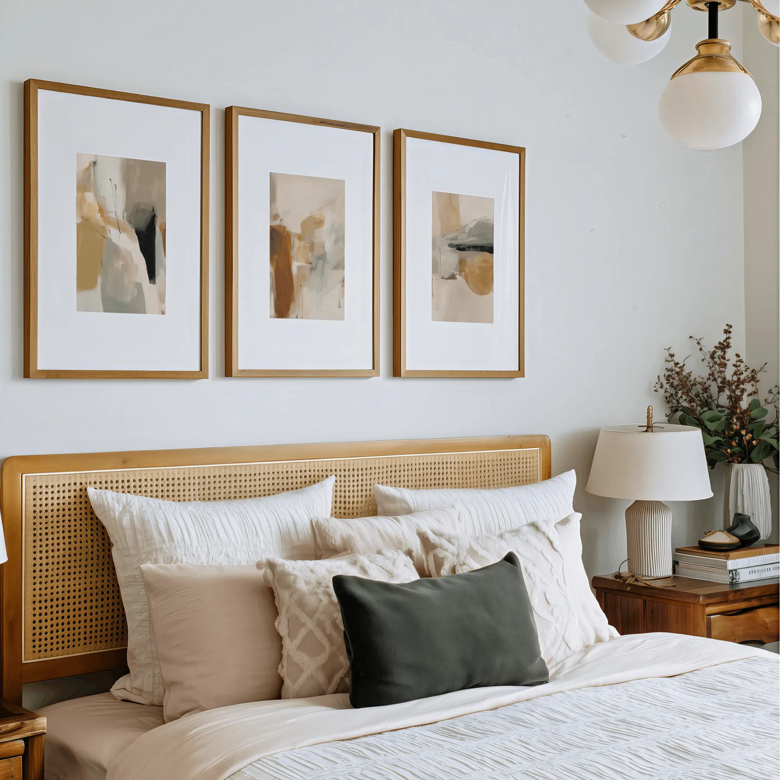 neutral abstract triptych wall art in terracotta and beige, above a rattan headboard piled with pillows