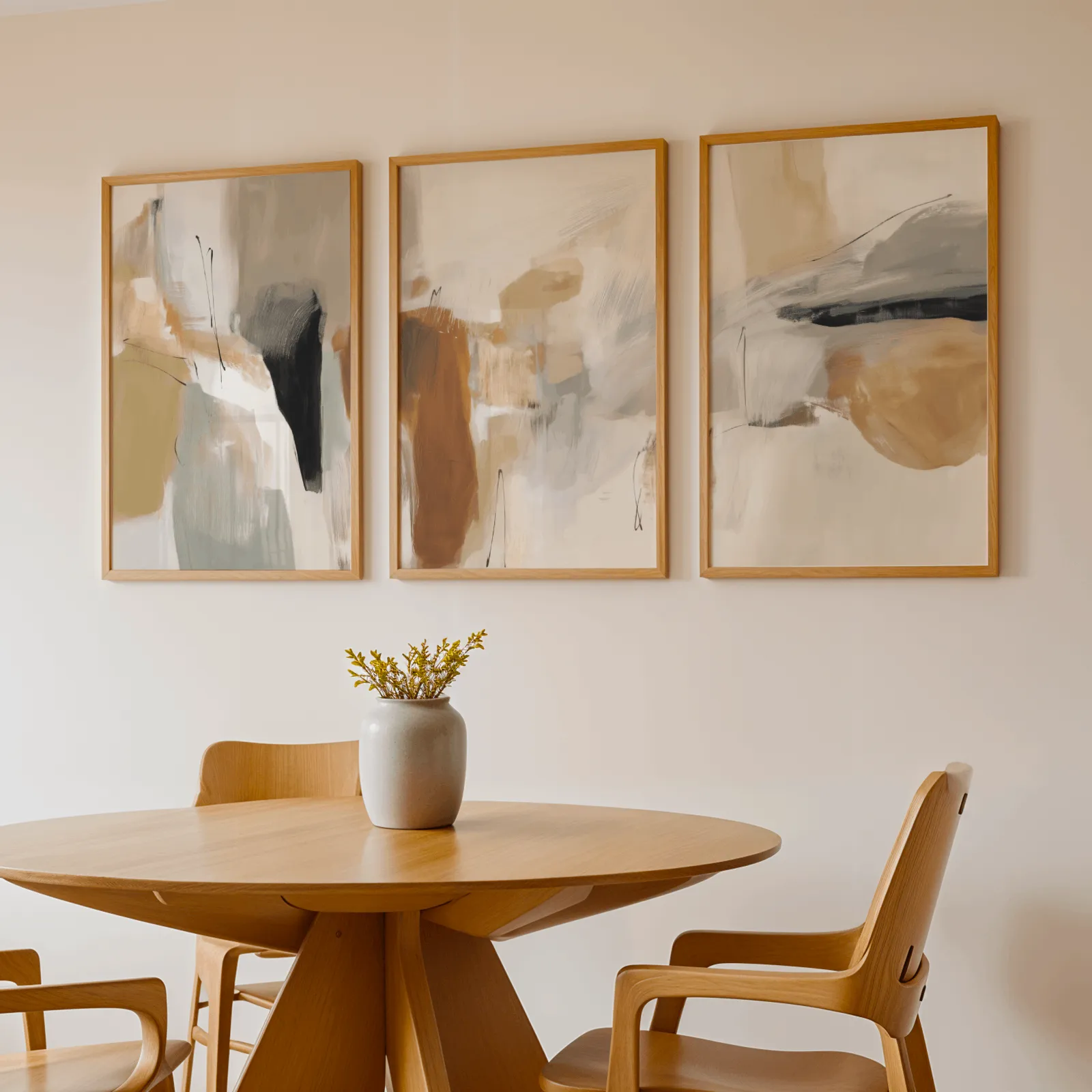 neutral abstract triptych wall art in terracotta and beige, above a round wooden table with a stoneware vase