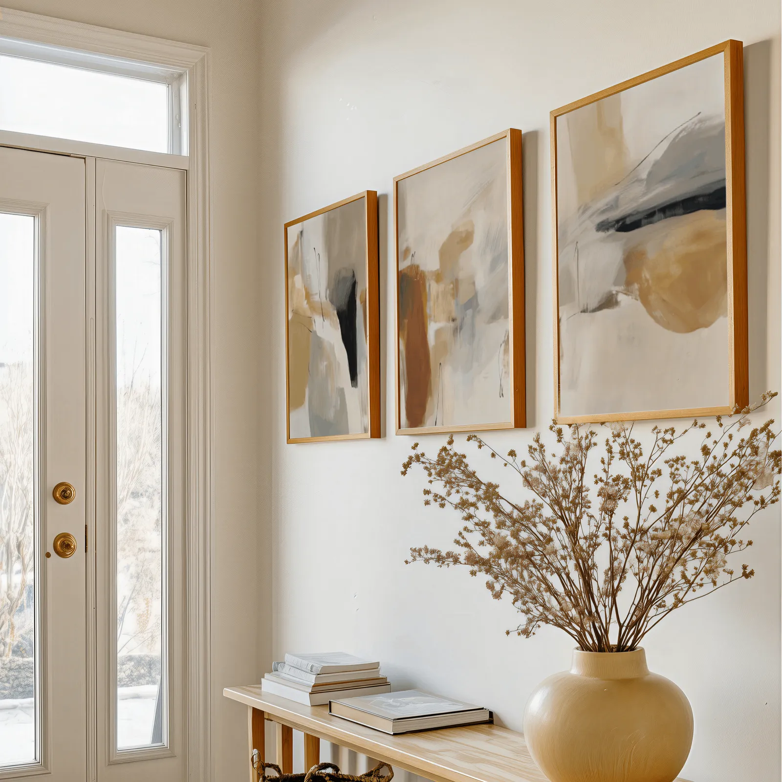 neutral abstract triptych wall art in terracotta and beige, above a console table with a yellow vase of dried branches