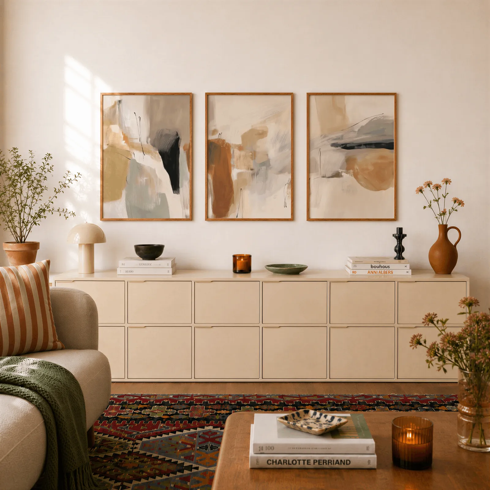 neutral abstract triptych wall art in terracotta and beige, above a long cream sideboard topped with books and a terracotta jug