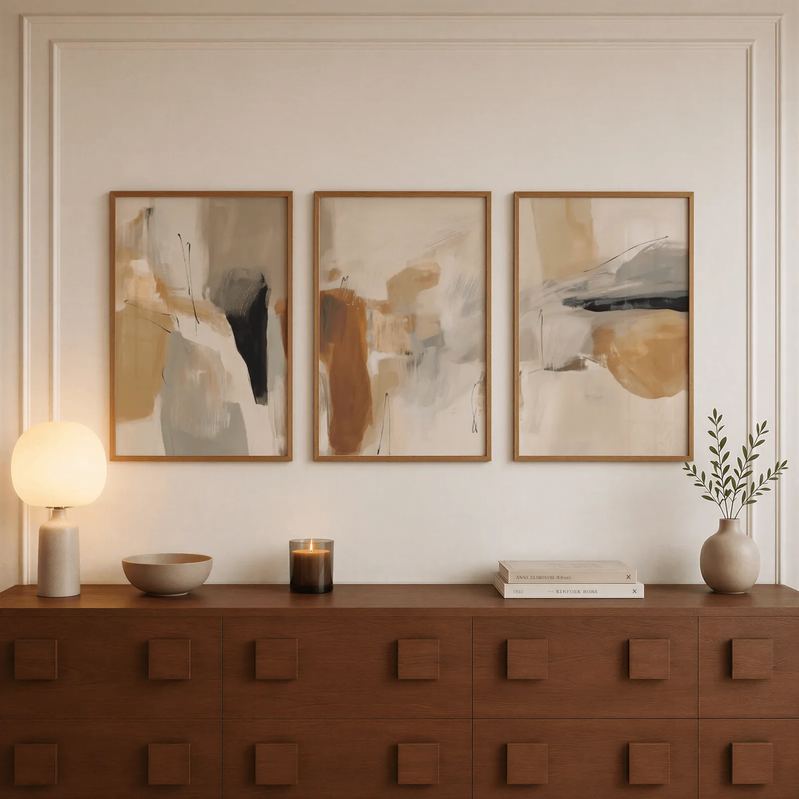 neutral abstract triptych wall art in terracotta and beige, above a walnut sideboard with a lit candle and glowing lamp