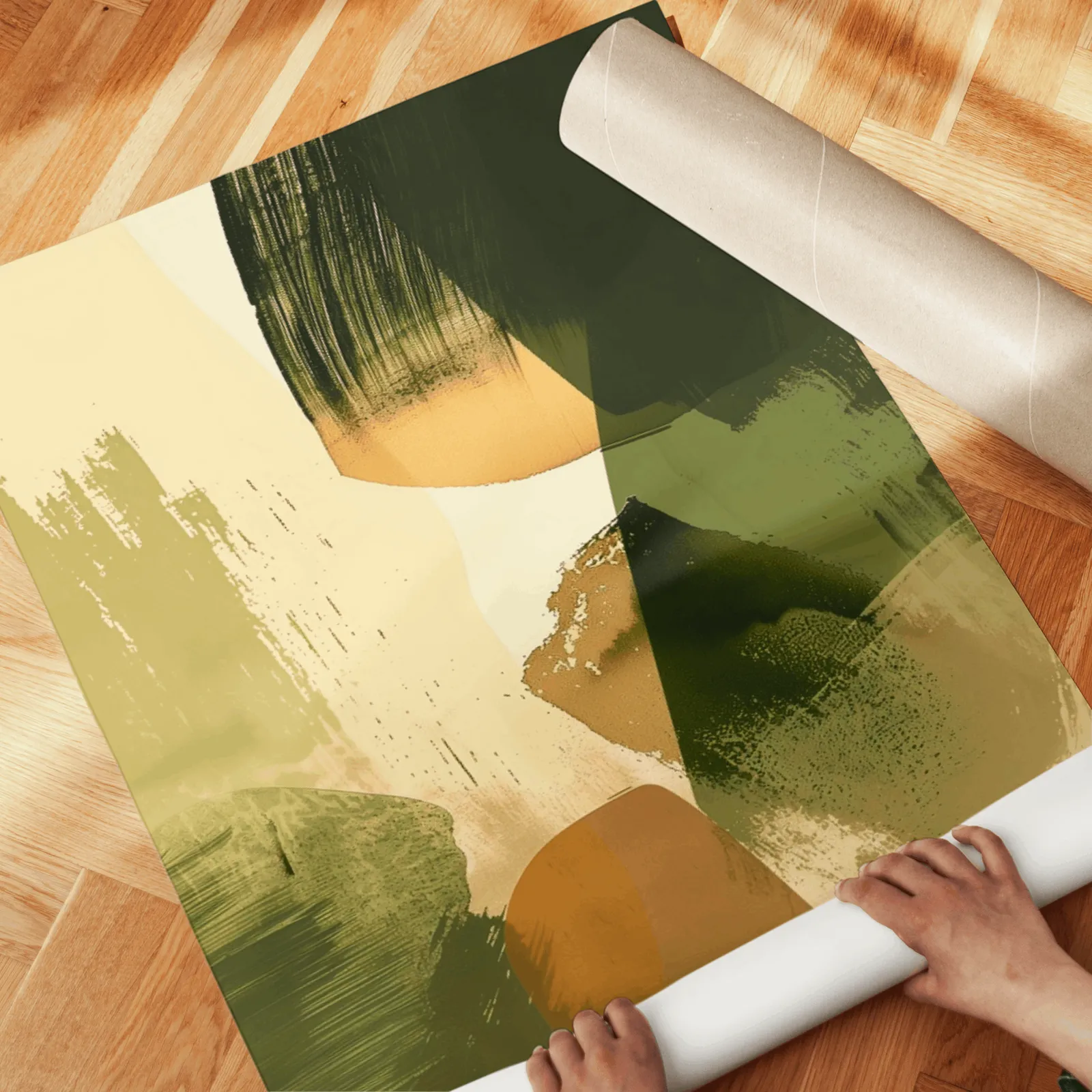 green and orange abstract wall art set of two, unrolled across a herringbone parquet floor by hand