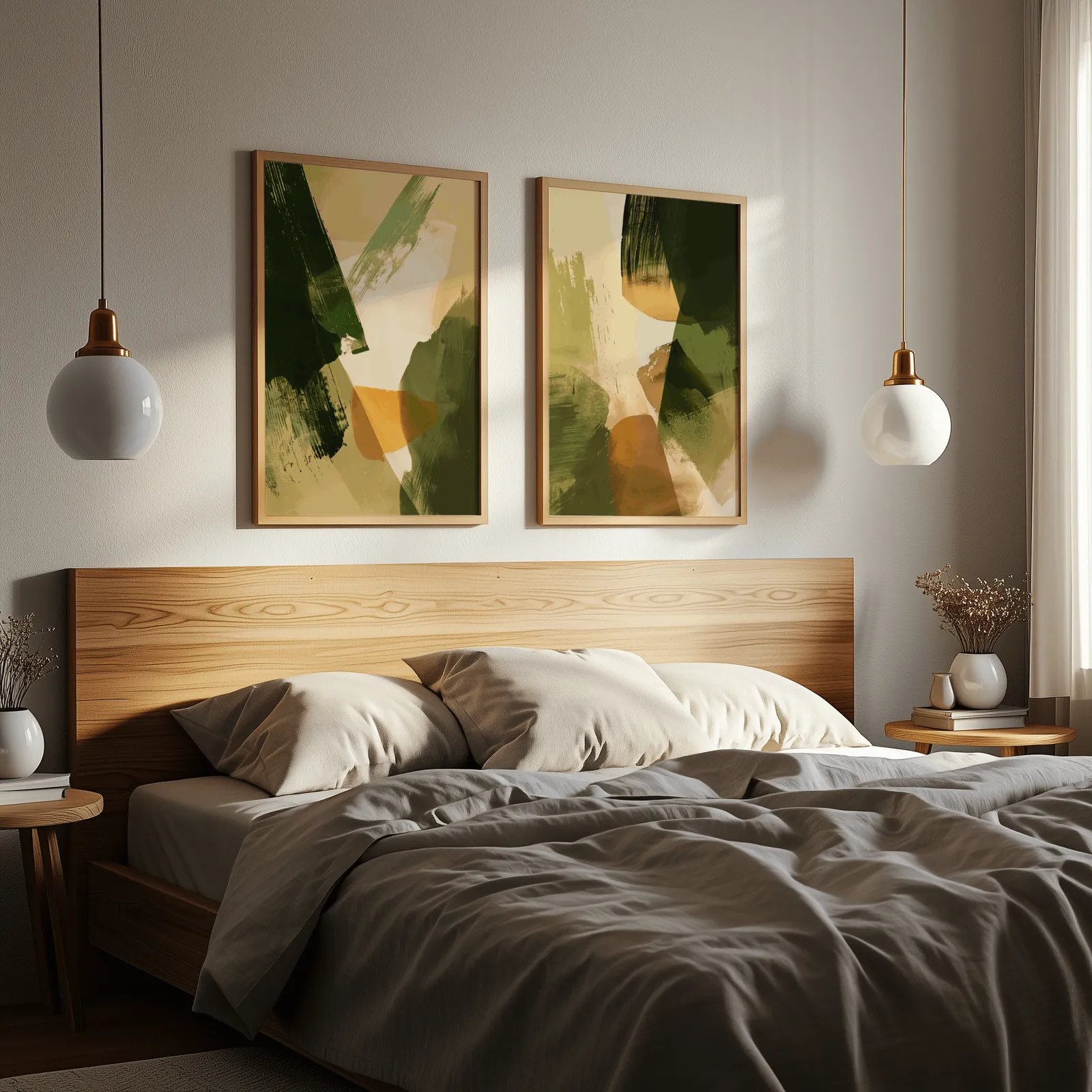 green and orange abstract wall art set of two, above a wooden headboard flanked by globe pendant lights