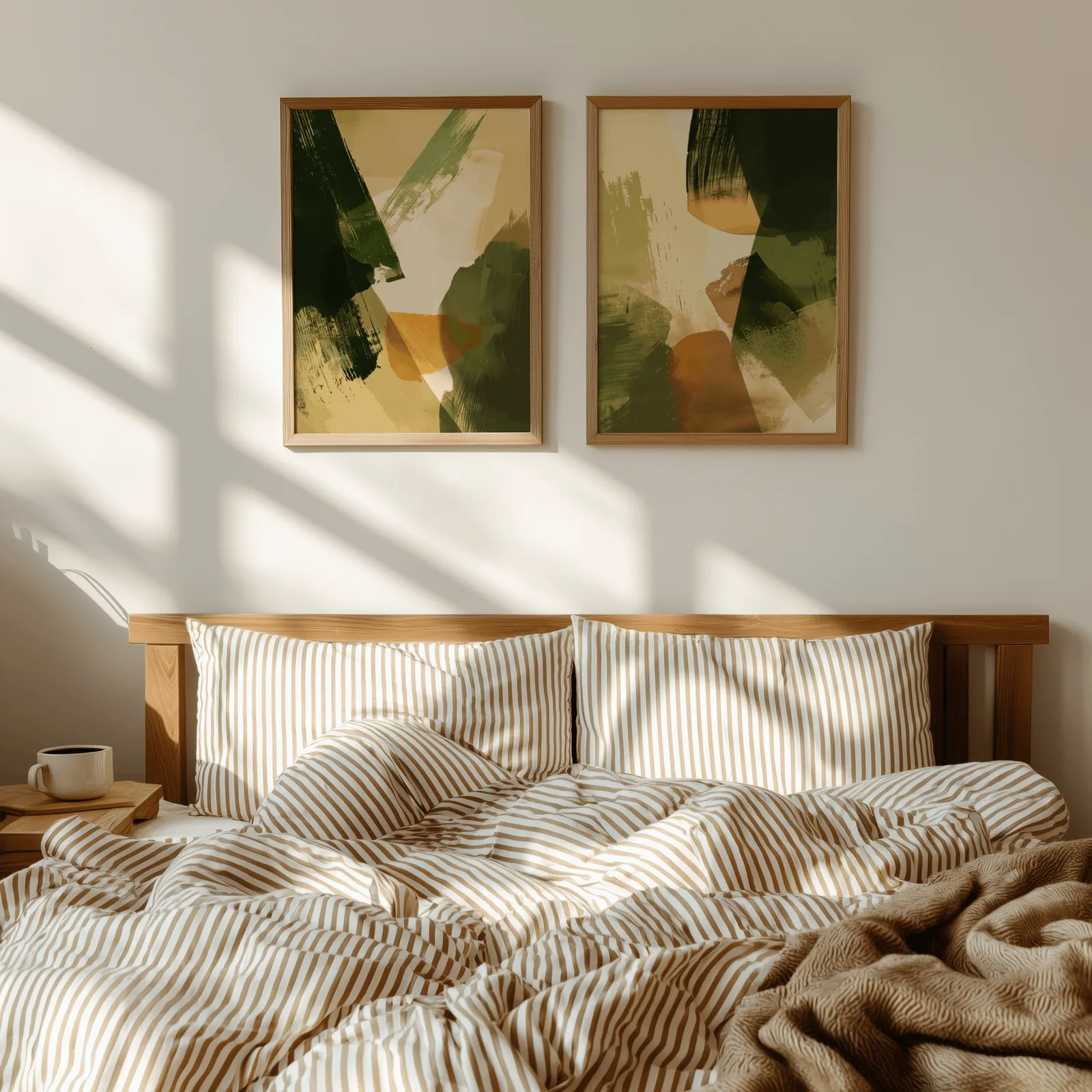 green and orange abstract wall art set of two, above a wooden headboard with striped bedding and raking sunlight