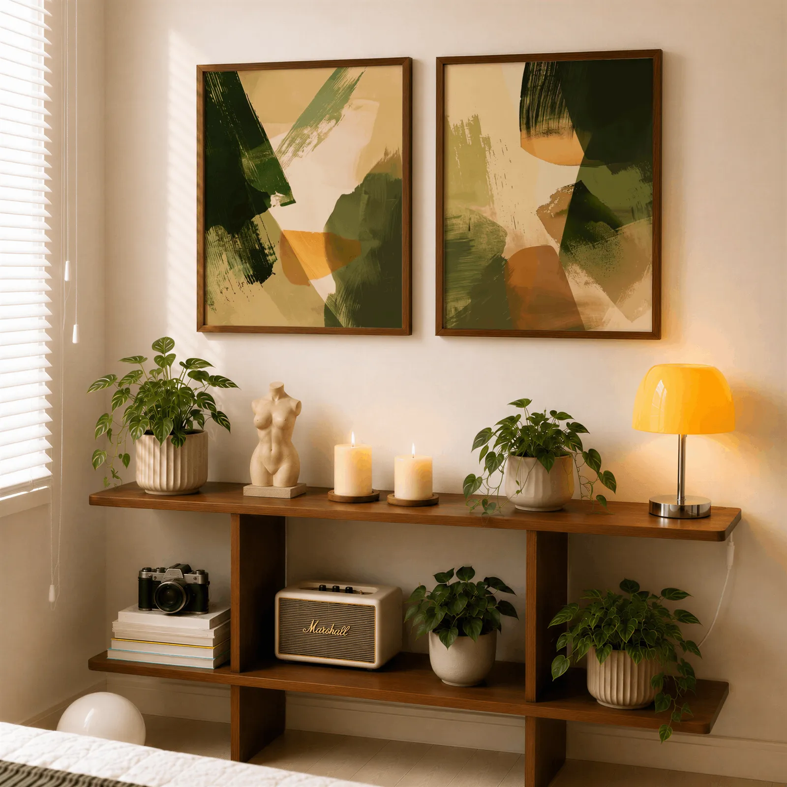 green and orange abstract wall art set of two, above a wooden console shelf with potted plants and a yellow lamp