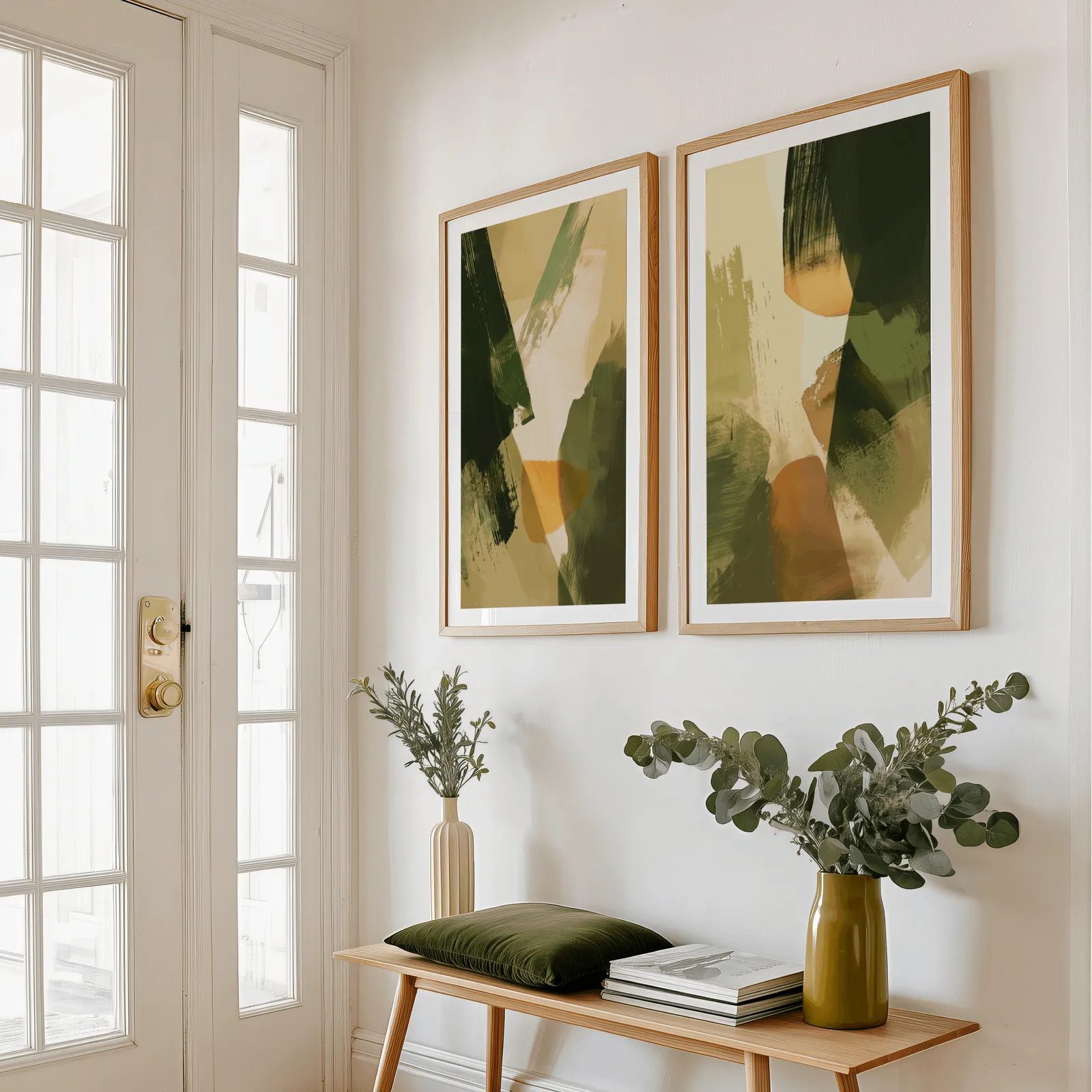 green and orange abstract wall art set of two, above a wooden bench with eucalyptus stems and a green cushion