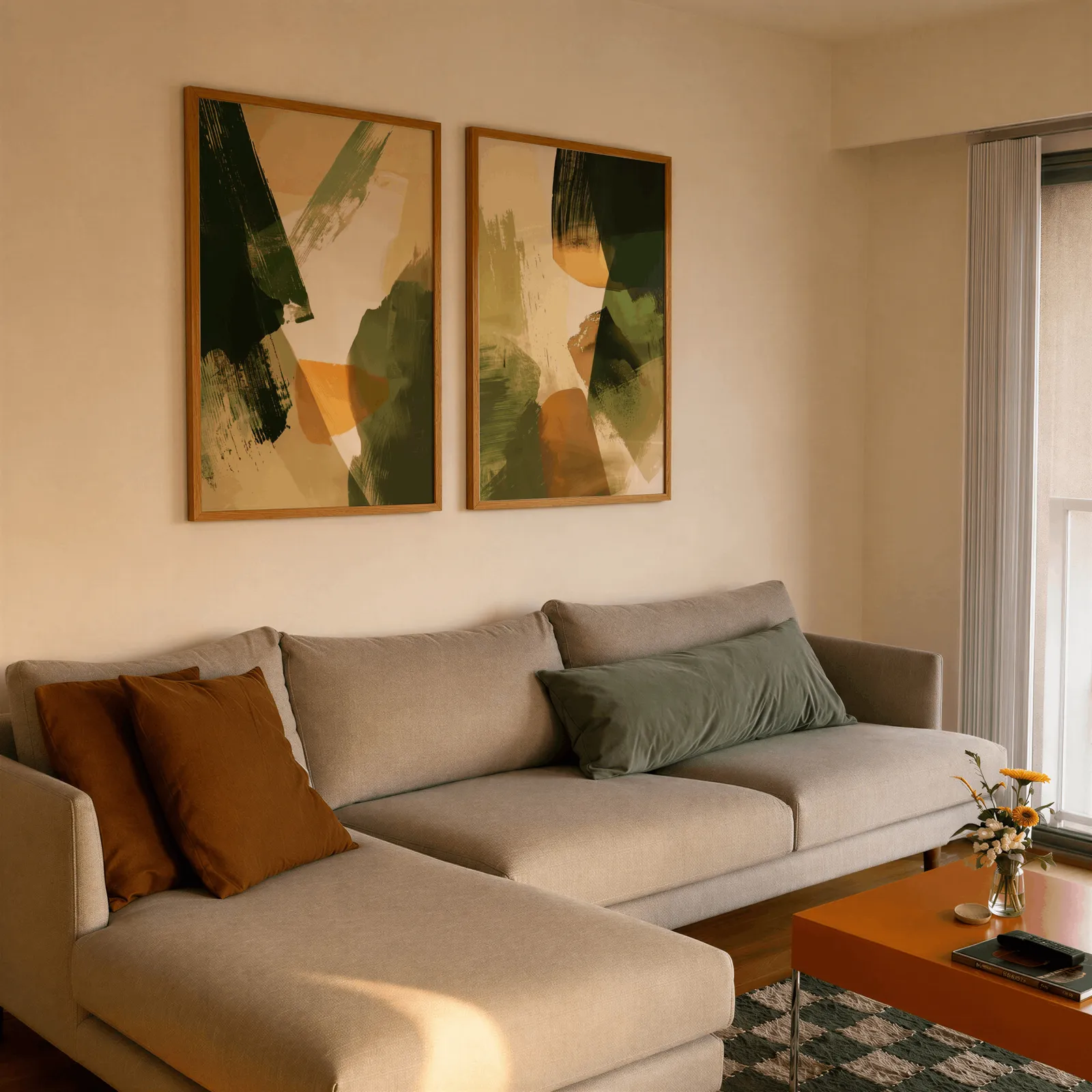 green and orange abstract wall art set of two, side by side above a beige sectional sofa
