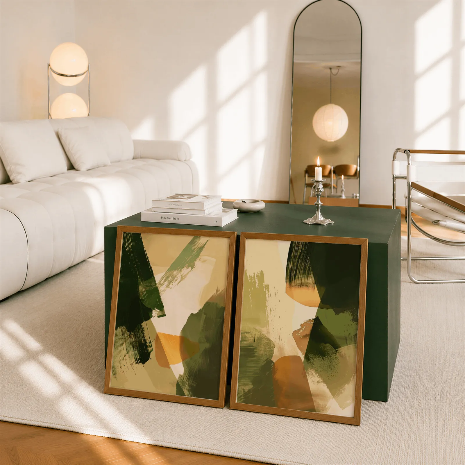 green and orange abstract wall art set of two, leaning against a dark green cube table beside an arched mirror