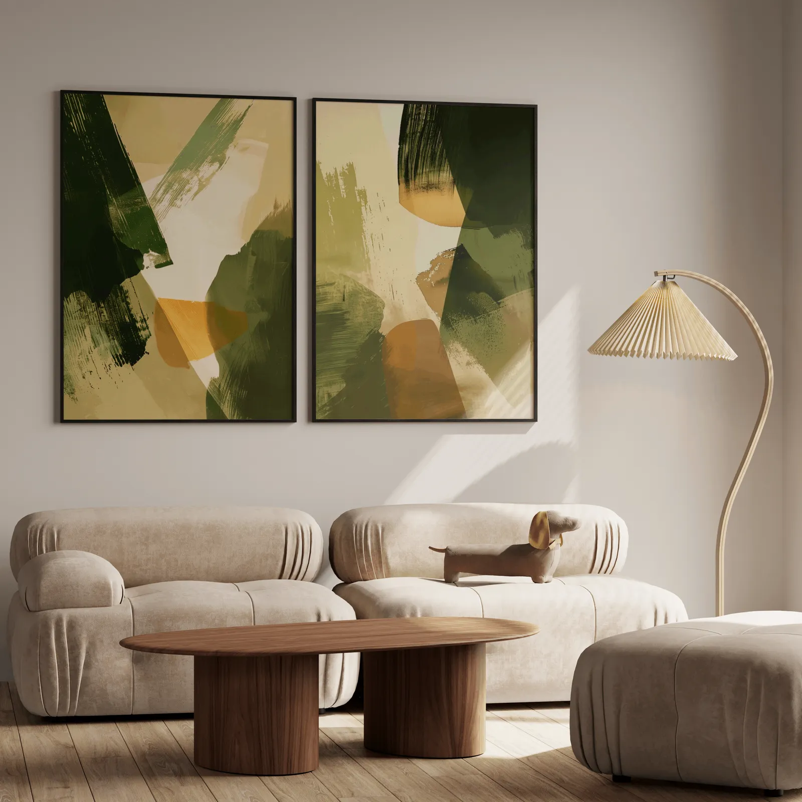 green and orange abstract wall art set of two, above a plush beige sofa with a pleated lamp nearby
