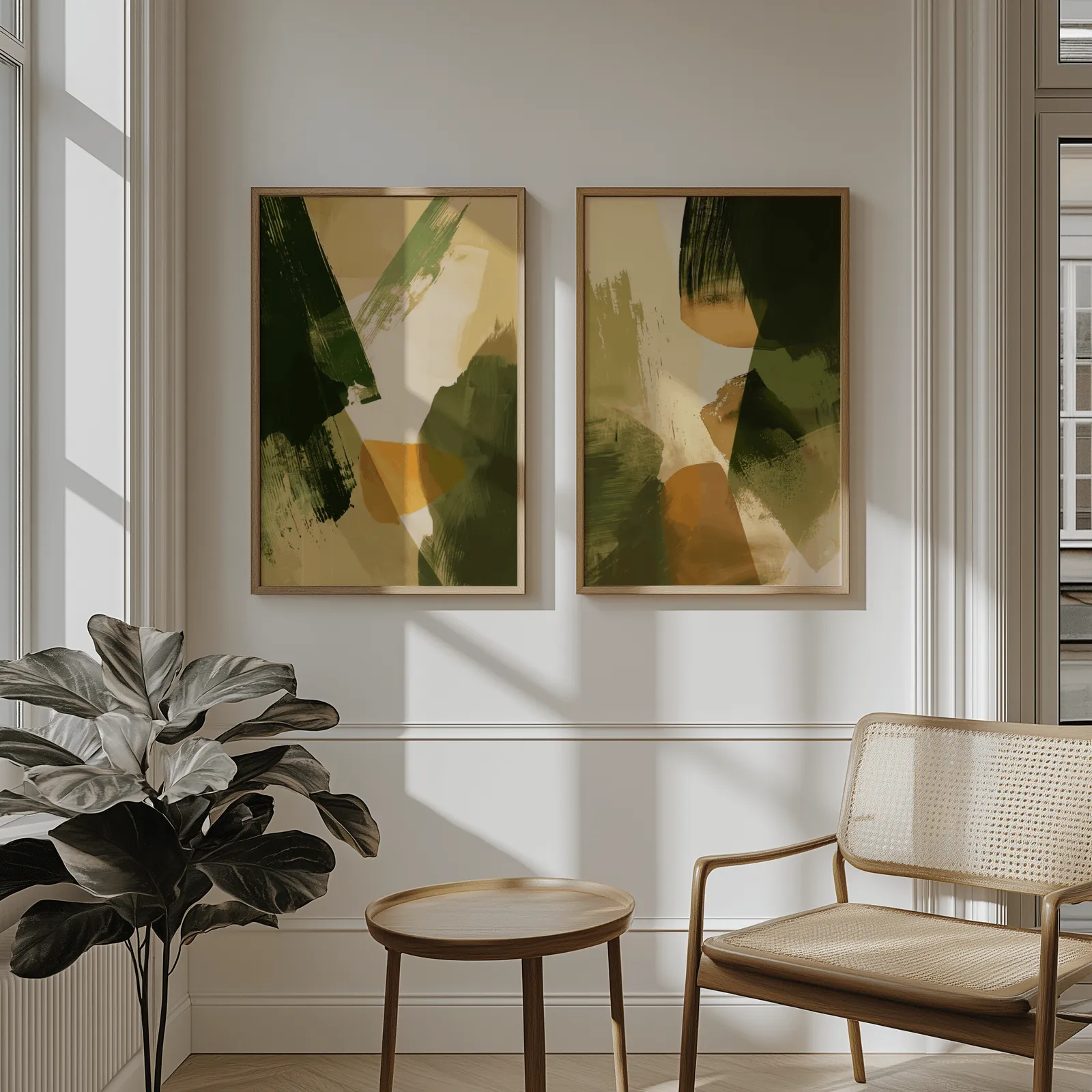 green and orange abstract wall art set of two, above wainscoting beside a cane armchair and fiddle-leaf fig