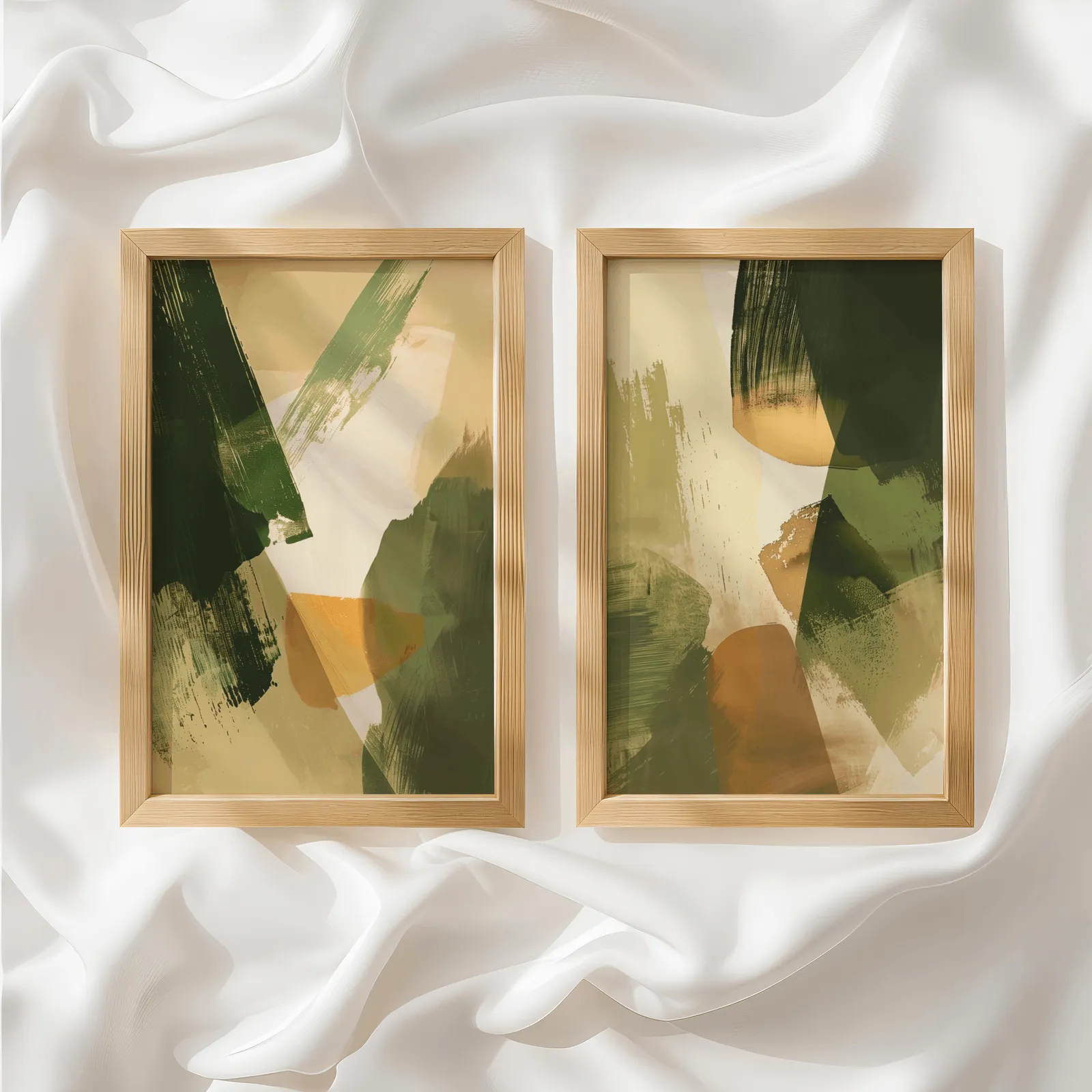 green and orange abstract wall art set of two, side by side atop rumpled white silky fabric