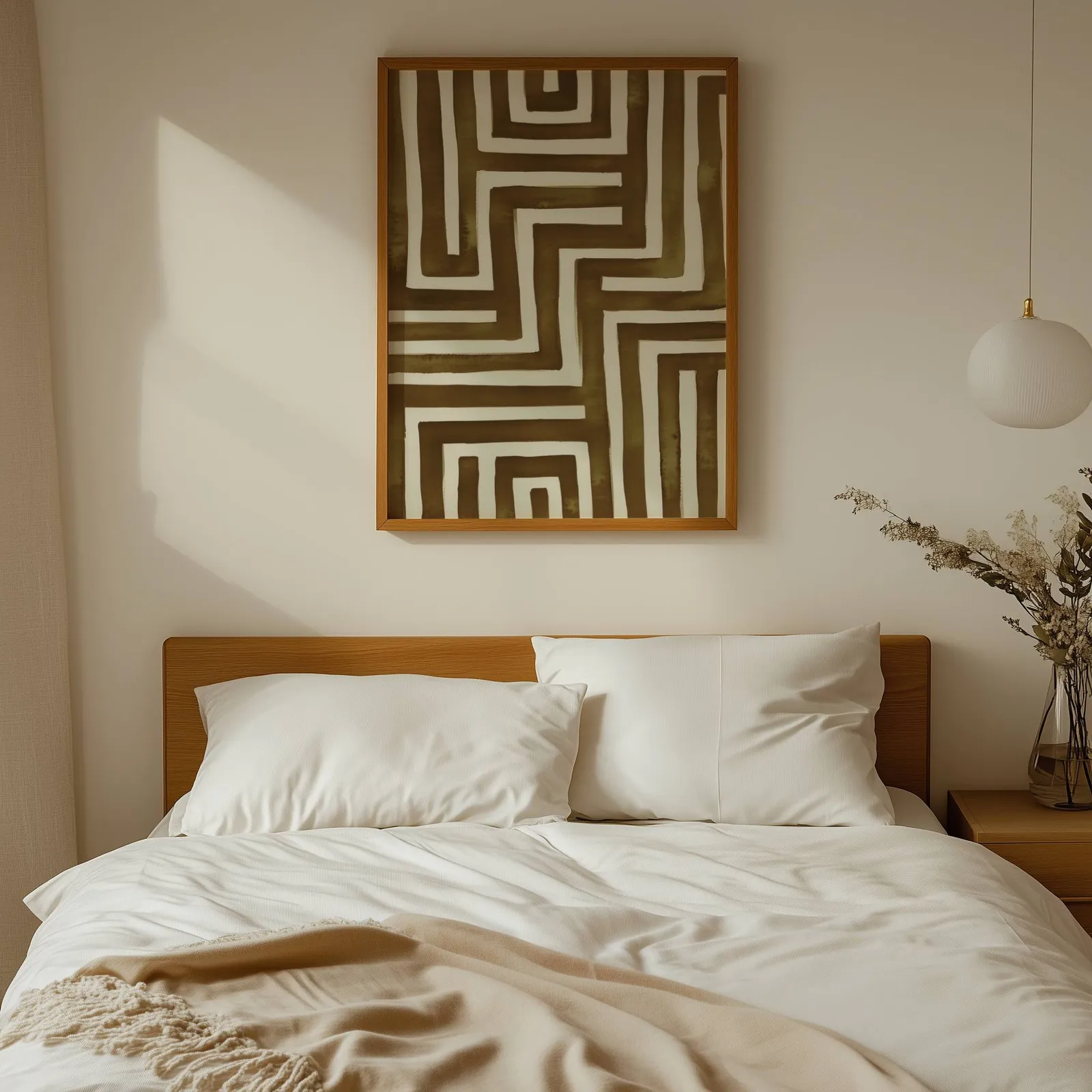 brown abstract maze wall art, above a wooden headboard with white linen pillows