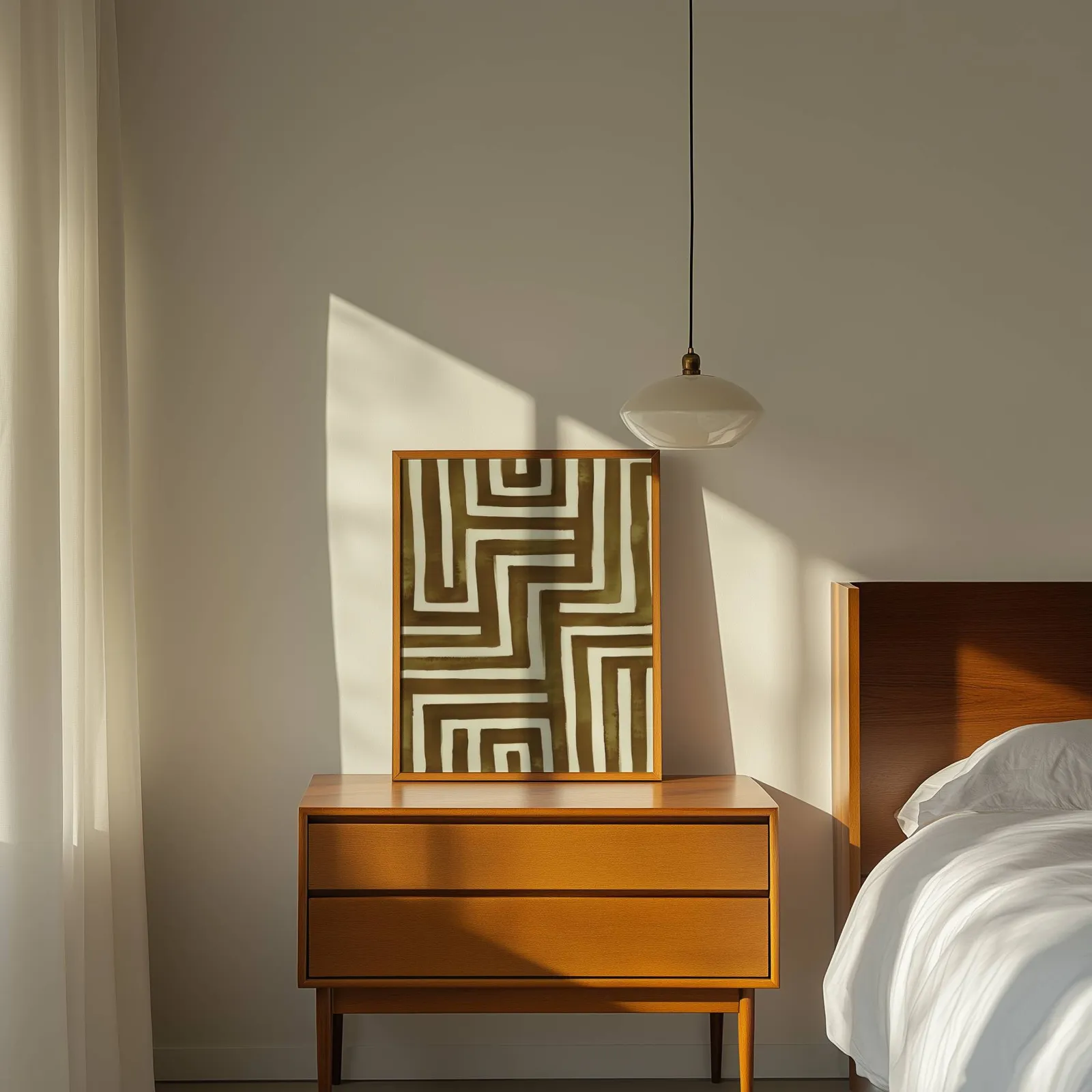 brown abstract maze wall art, propped on a wooden dresser beside a pendant lamp